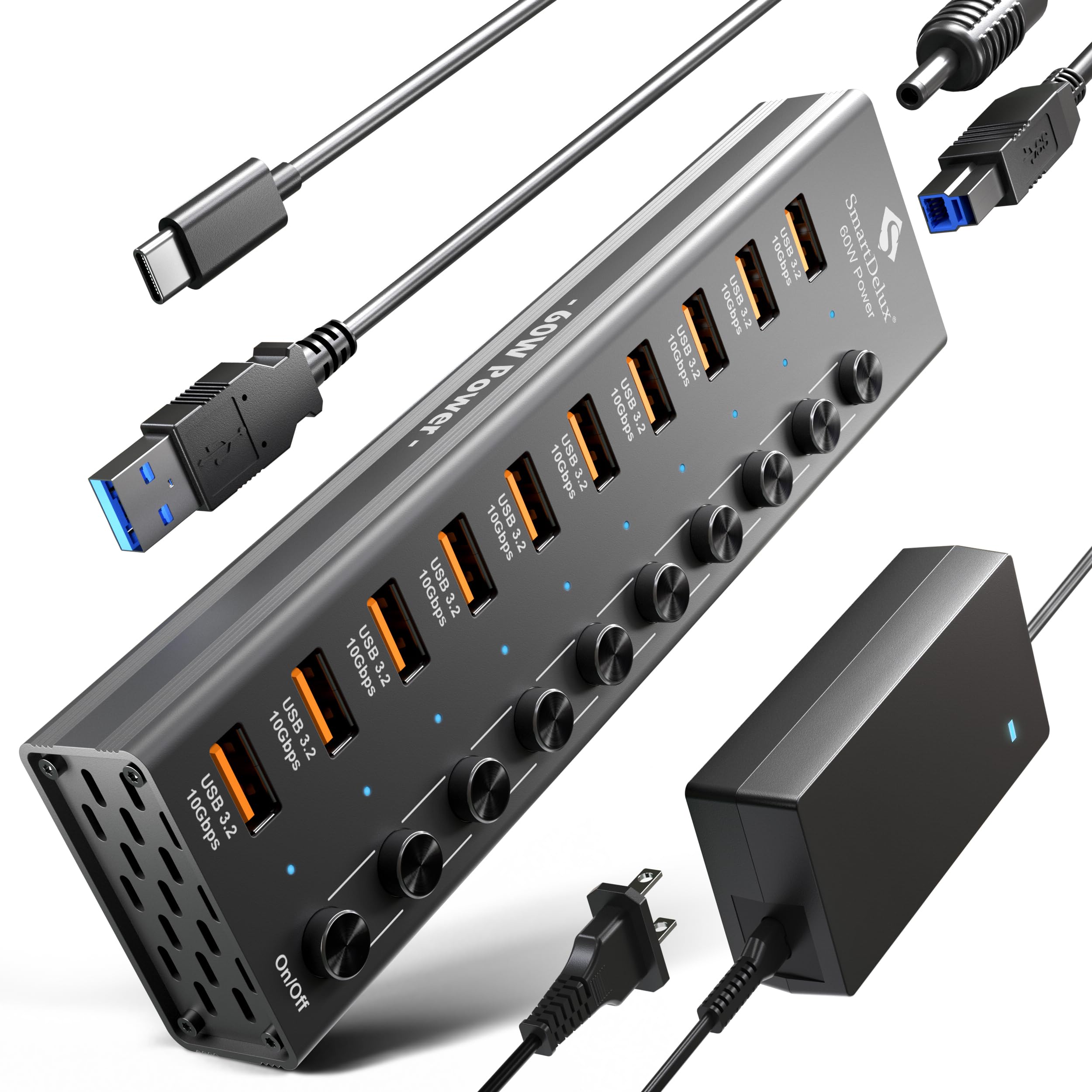 Powered Usb 3.2 To Type A, Type C Hub, Smartdelux 10Gbps 10 Port Adapter, Individual Led Switches End High Speed Data Transfer,