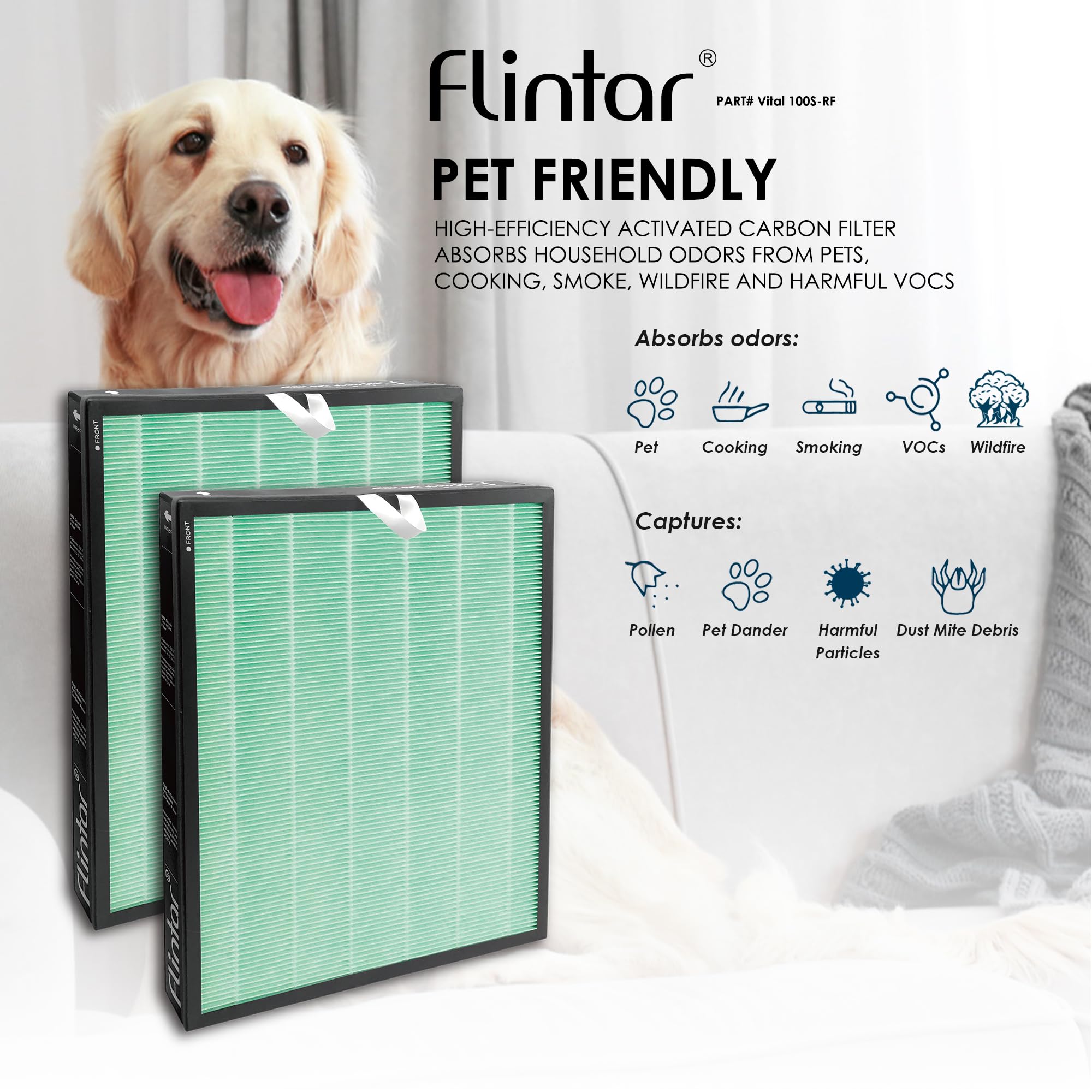 Flintar Vital 100S Toxin/Smoke Absorber Replacement Filter, Compatible With Levoit Vital 100S Air Purifier, H13 True Hepa + Acti