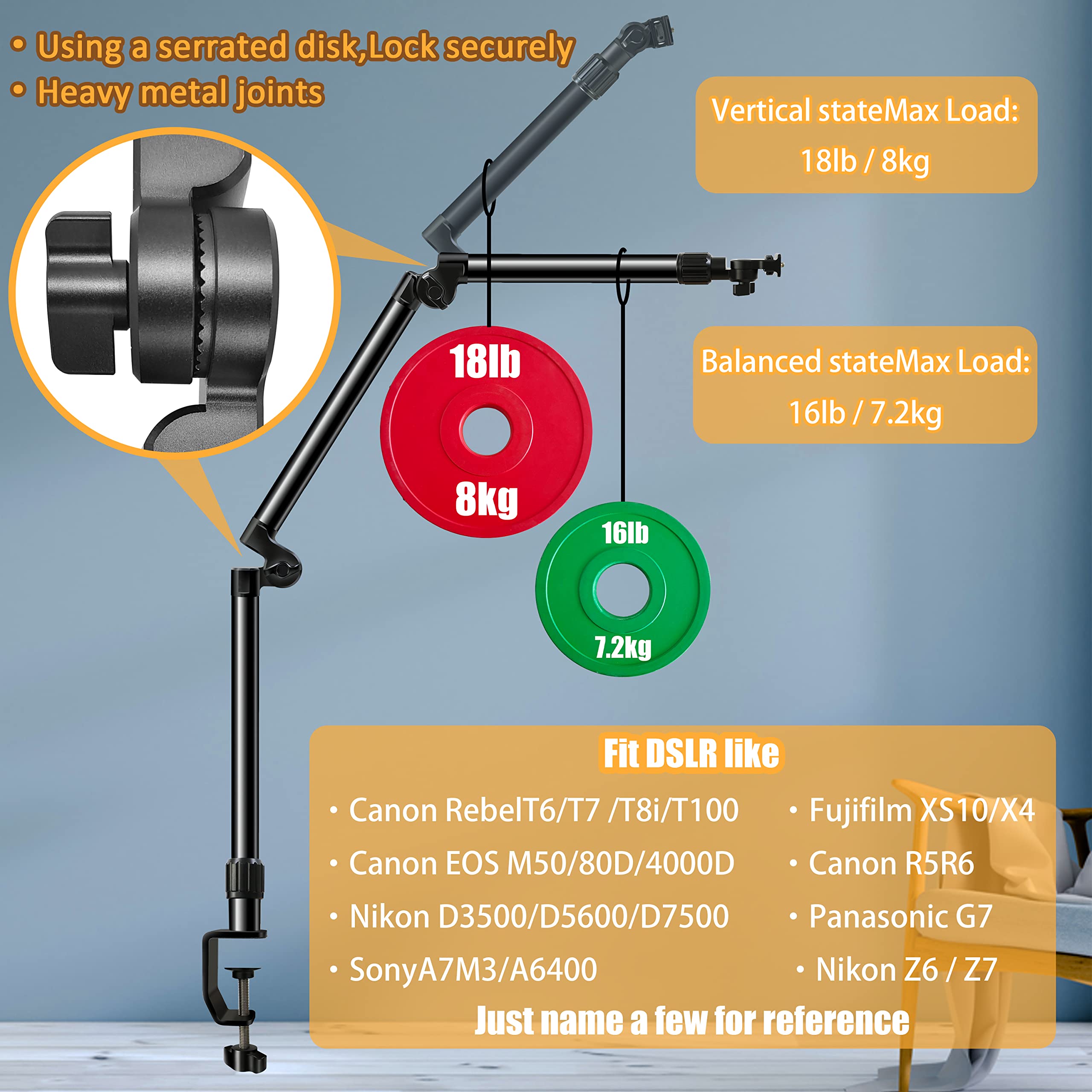 Overhead Camera Mount Desk Stand, Bearing 18Lb, Base& Top 360 Adjustable, With 1/4 3/8'' 5/8'' Screw, 3 Section Flexible Articul