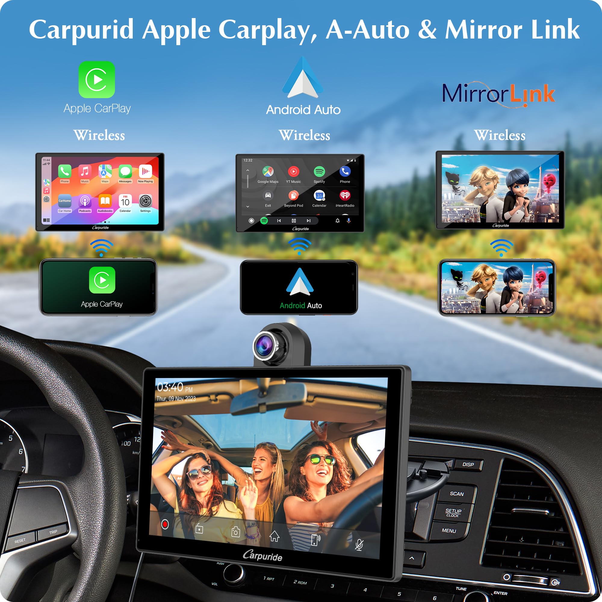 Carpuride W905 Wireless Carplay & Android Auto, Portable 9'' Touch Car Screen, 4K Dash Cam,Drive Play Car Play Navigation With Mirror Link/Siri/Fm/Bluetooth/Light Sensor