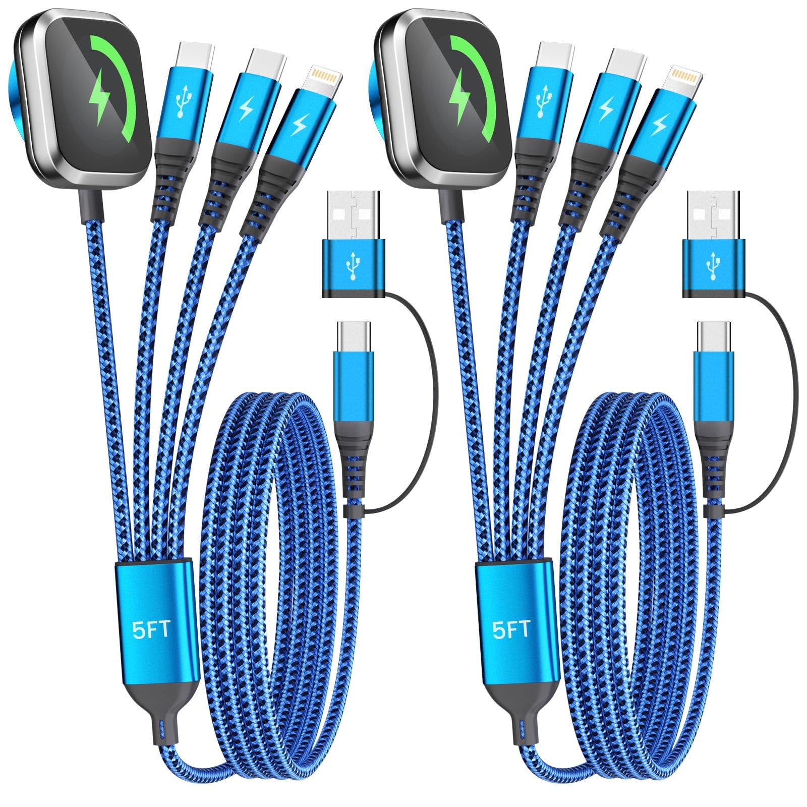 Multi Charging Cable for iPhone iWatch Charger with Dual TypeC Ports, 5FT
