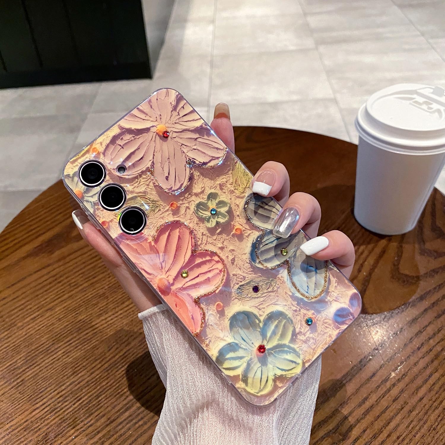 LeLeYun Case for Samsung Galaxy S24, Colorful Retro Oil Painting Printed Flower Cute Pattern with Glitter Gem Phone Cover Durabl