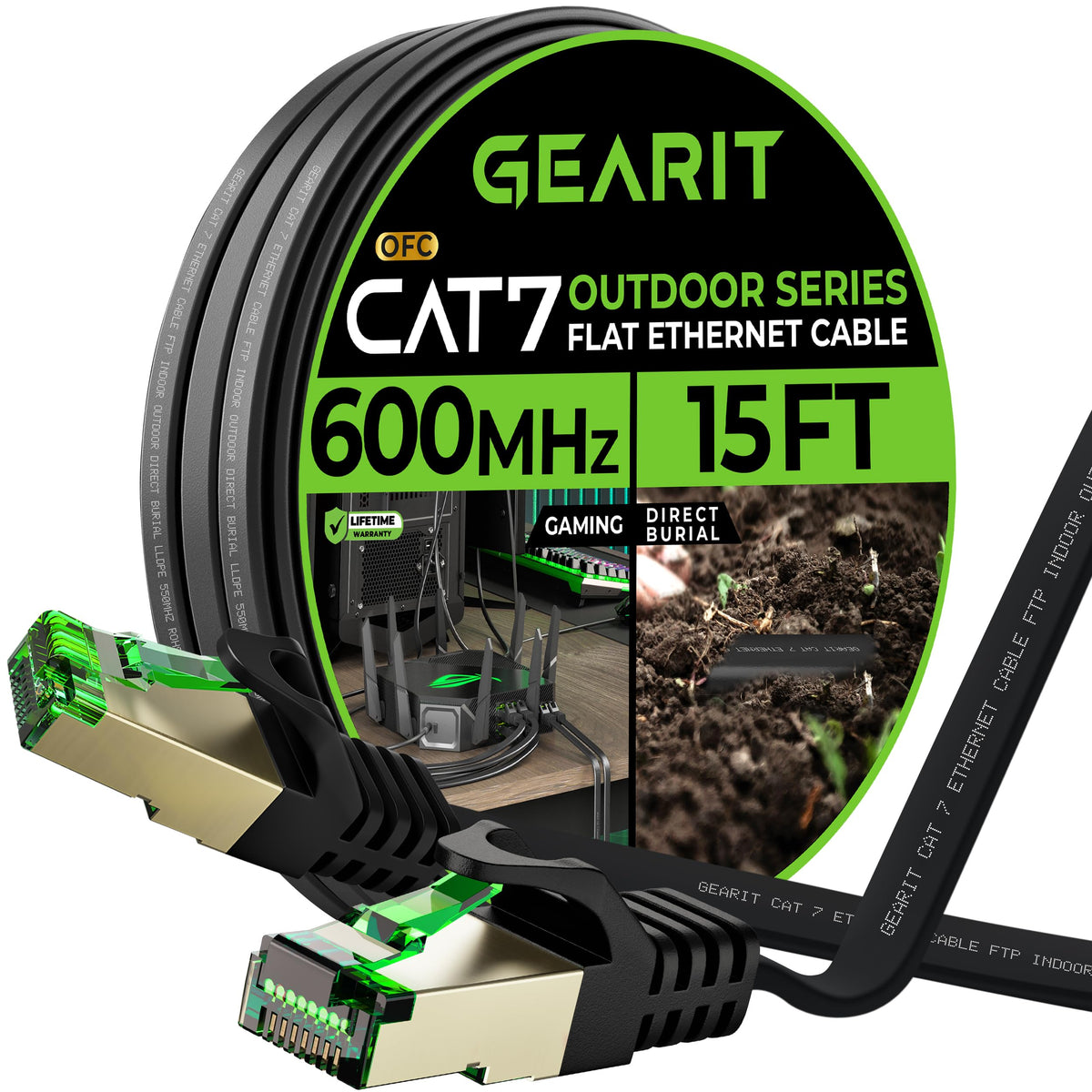 Gearit Cat 7 Outdoor Flat Ethernet Cable (15Ft, Black) Direct Burial Rated Lldpe Jacket   Indoor Cat7 Shielded Ftp 600Mhz 10Gbps