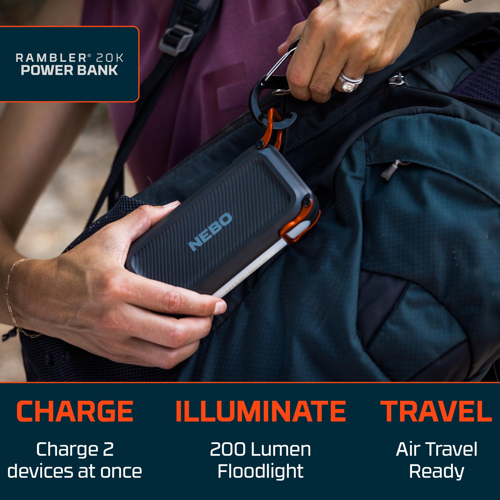 Nebo Rambler 20K Hand-Held Power Bank | 74Wh Capacity, 2-Way Output Charging, Usb & Usb-C Ports, 4.5 Phone Recharges At Full Bat