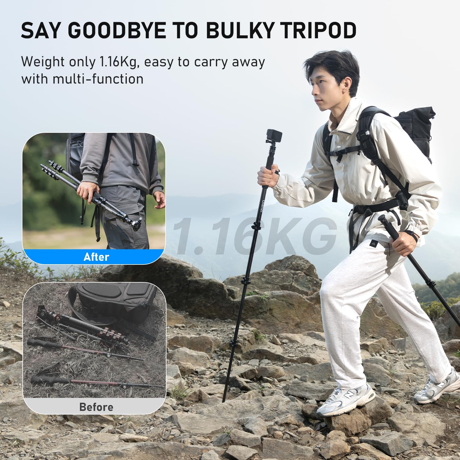 Ulanzi Tt35 Hiking Stick Tripod Kit, Travel Camera Tripod Monopod, 57.48'' Detachable Carbon Fiber Tripod Stand Kit With 3 Hikin