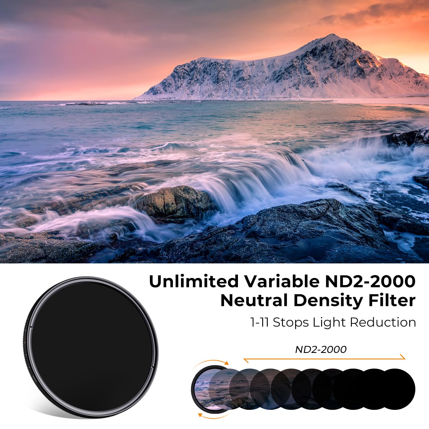 K&F Concept 72Mm Variable Nd2 2000 (1 11 Stops) Nd Camera Lens Filter 18 Multi Coated Adjustable Neutral Density Filter With 3 V