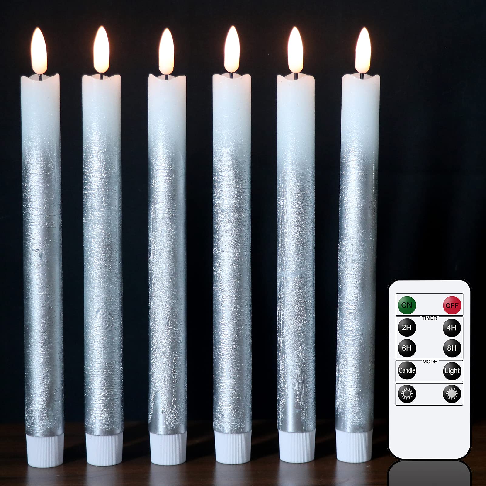 Wondise Flameless Taper Candles With Remote & Timer, 9 Inch Real Wax Silver Battery Operated Led Flickering Candles For Christma