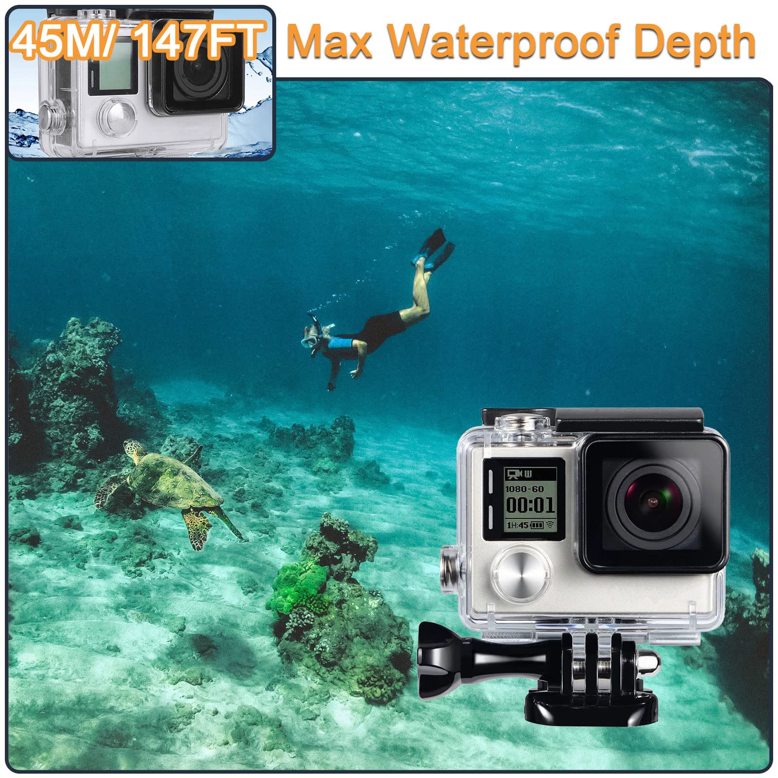Waterproof Housing Case For Gopro Hero 4 3 Plus, Protective Underwater Dive Shell With Bracket For Go Pro Hero4 3+ Action Camera