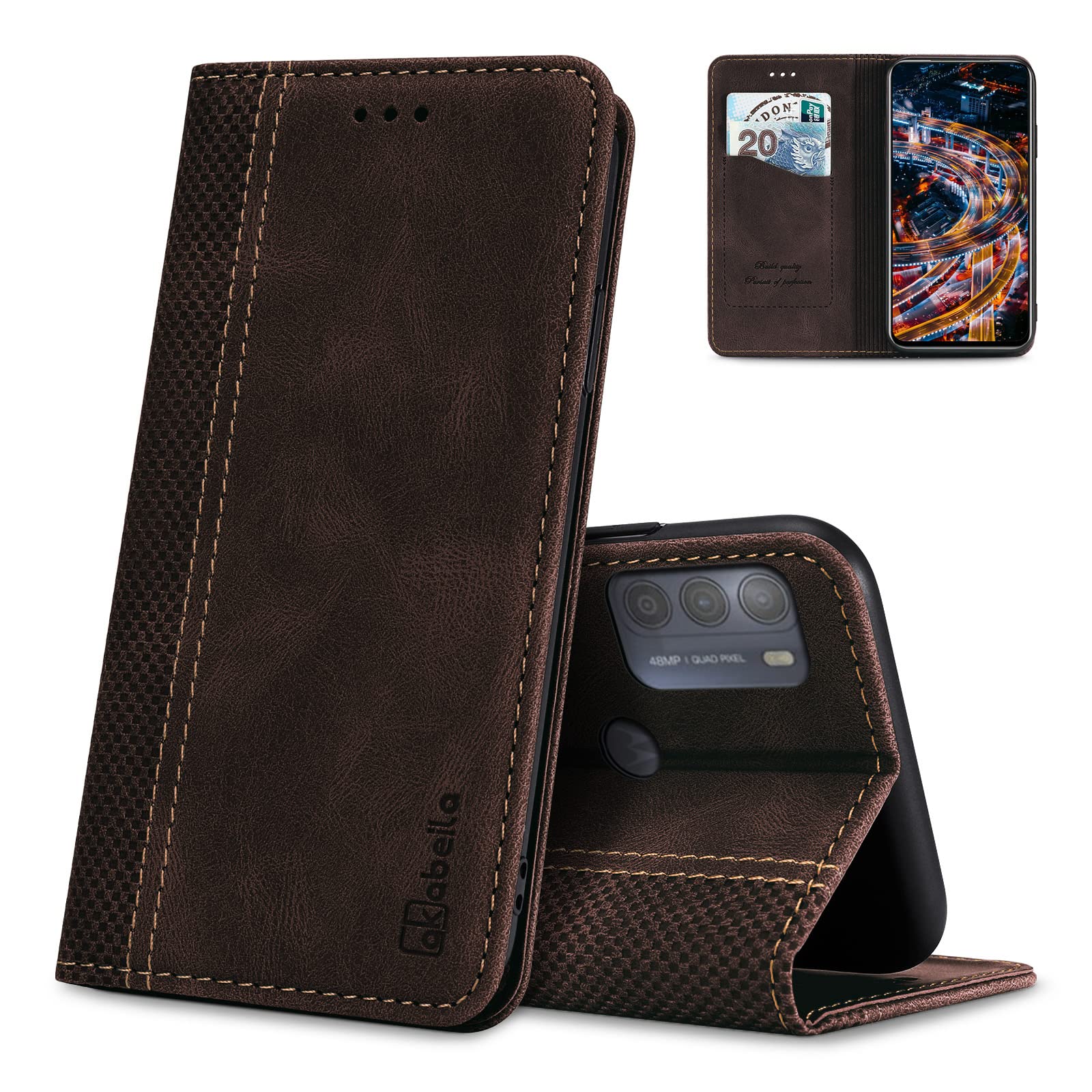 Akabeila For Motorola Moto E20 Case Luxury Pu Leather Flip Wallet Shell Card Holder Magnetic Closure Kickstand Shockproof Bumper