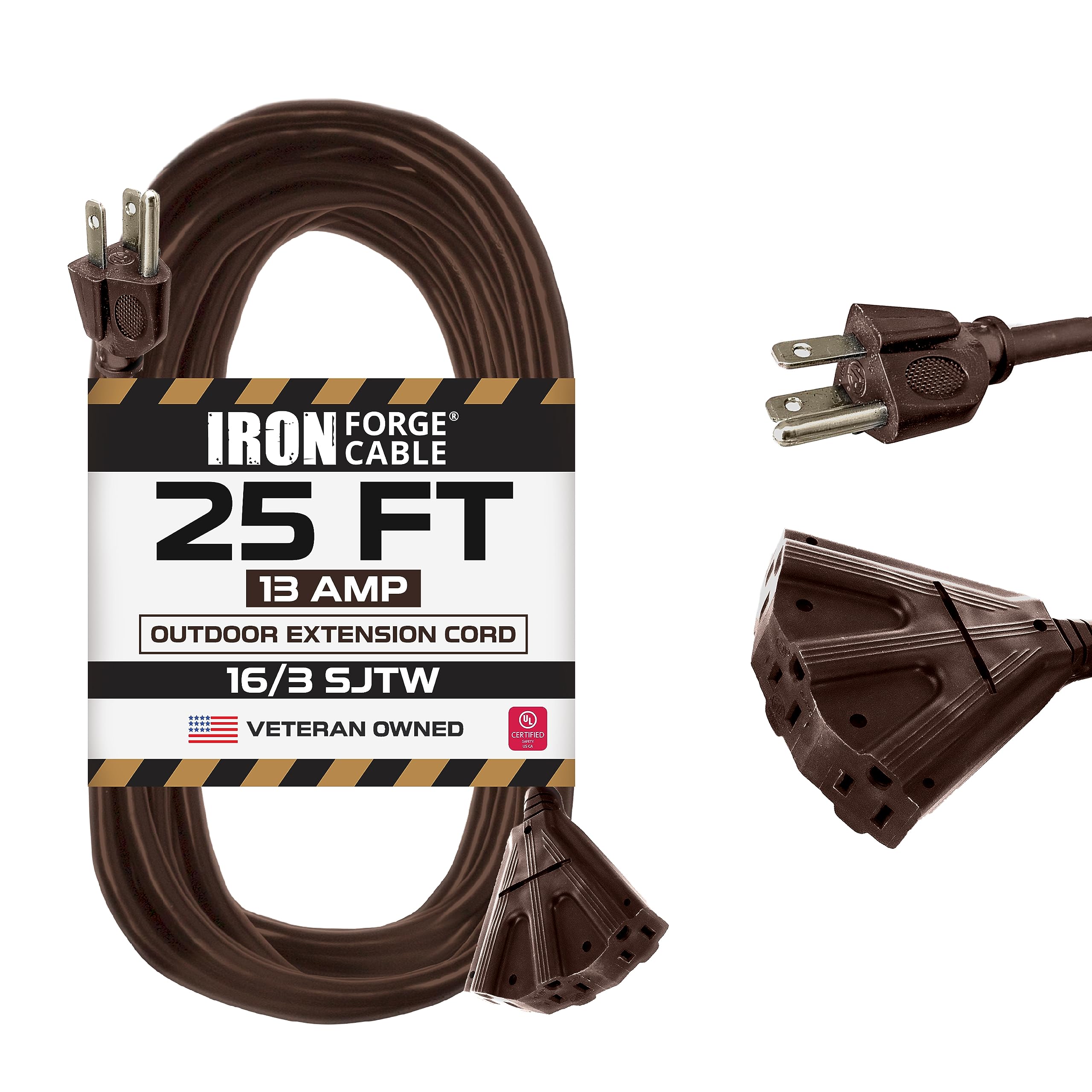 Iron Forge Cable 25 Ft Brown Extension Cord With 3 Electrical Power Outlet, 16/3 Sjtw Heavy Duty Cable With 3 Prong Grounded Plu