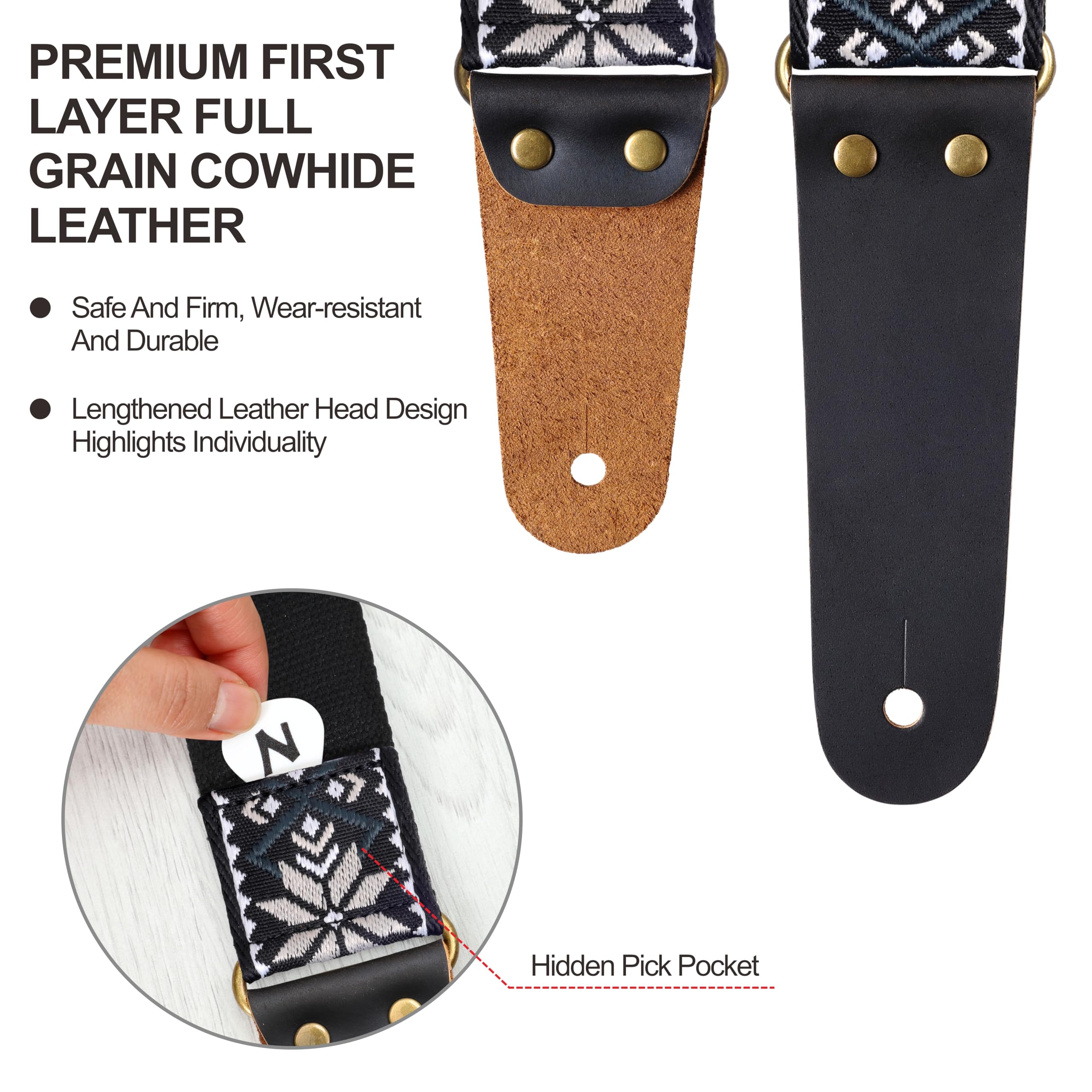 Nefelibata Guitar Strap, Vintage Embroidered Cotton Guitar Straps With Head Cowhide Leather Ends For Bass, Electric & Acoustic G