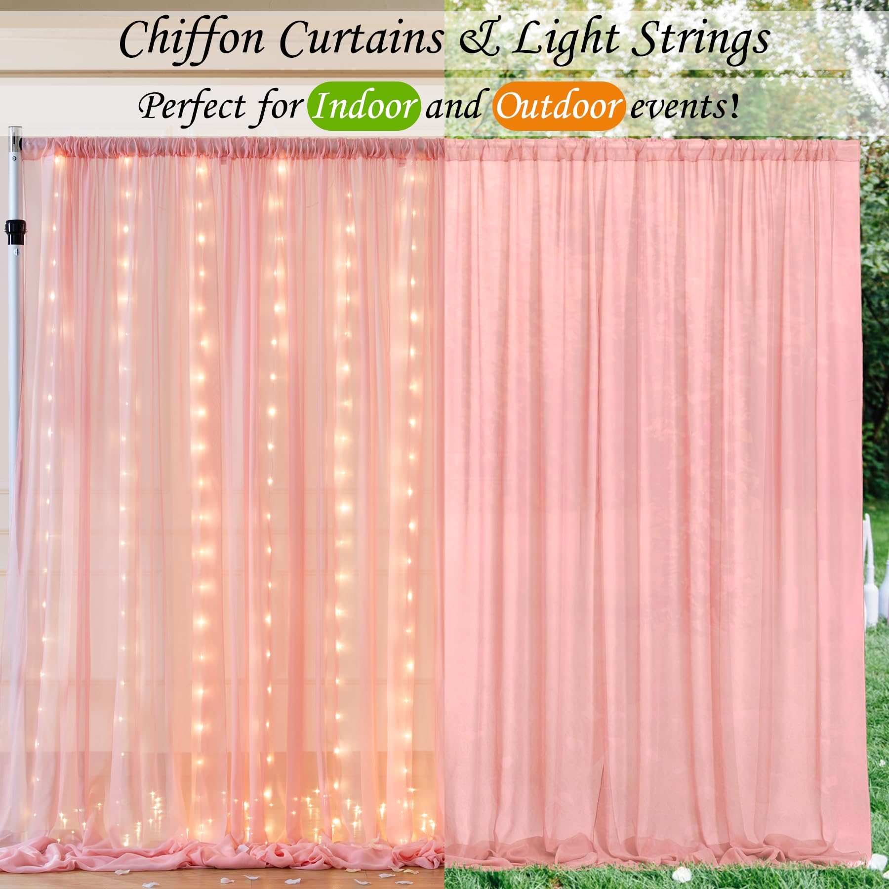 10Ft X 7Ft Baby Pink Chiffon Backdrop Curtain With Lights String For Parites Wedding Wrinkle Free Curtain Photo Backdrops Drapes