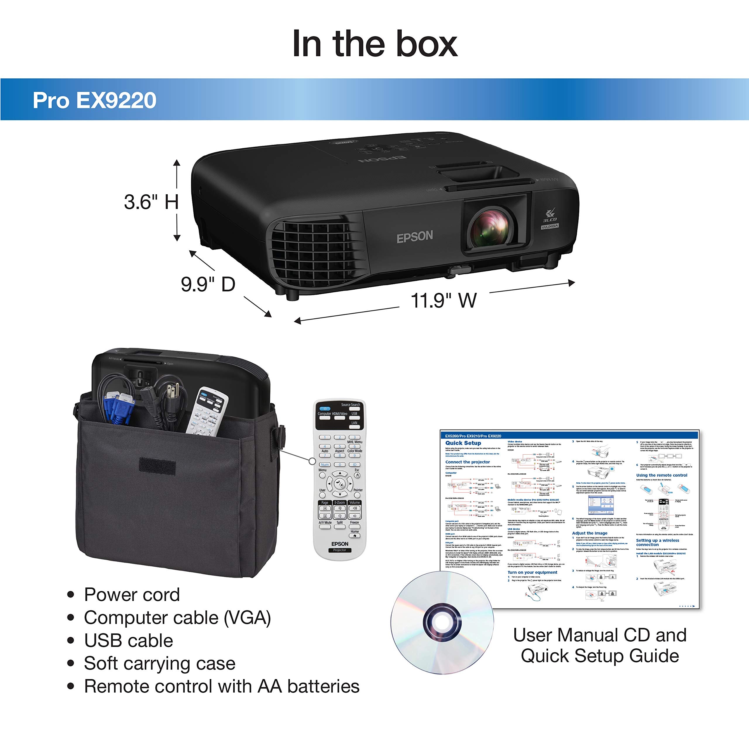 Epson Pro Ex9220 1080P+ Wuxga 3,600 Lumens Color Brightness (Color Light Output) 3,600 Lumens White Brightness (White Light Output) Wireless Miracast Hdmi Mhl 3Lcd Projector