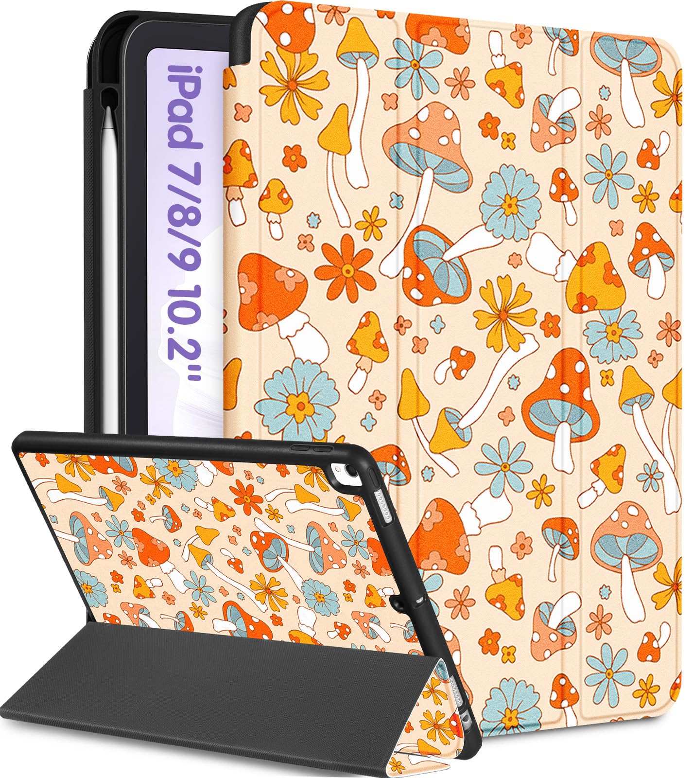 Uppuppy For Ipad 9Th/8Th/7Th Generation Case 10.2 Inch Girls Cute Kids Women Folio Smart Cover Pencil Holder Mushroom Aesthetic