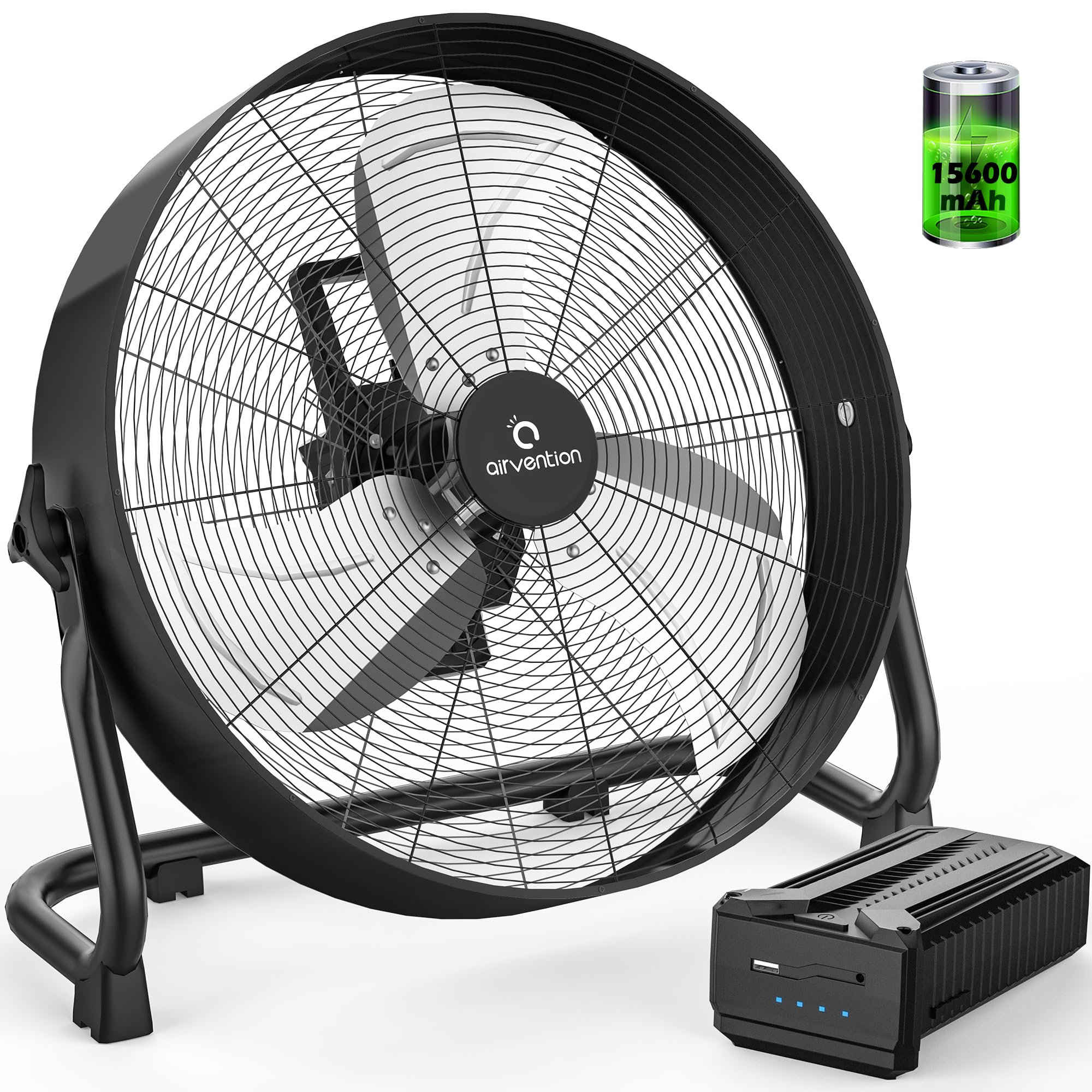 Airvention 15600Mah Rechargeable Battery Operated Drum Fan,16 Inch Black Industrial High Velocity Floor Fan, Camping Fan For Gym