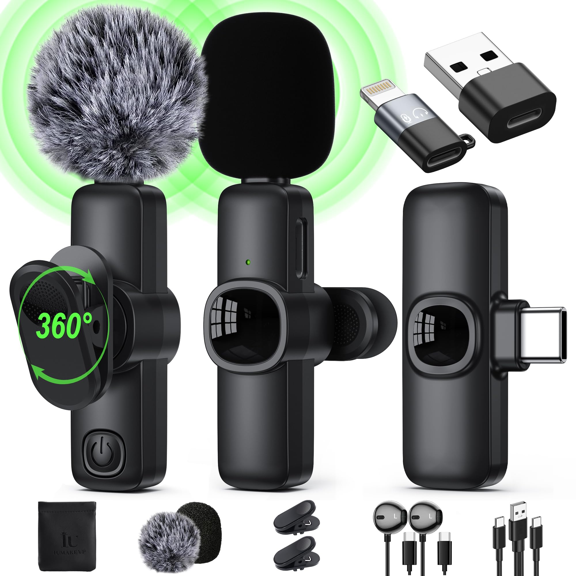 Wireless Lavalier Microphone for iPhone/Android Phone/Laptop/PC, IUMAKEVP 360 Adjustable Clip on Microphone with 100FT Transmiss
