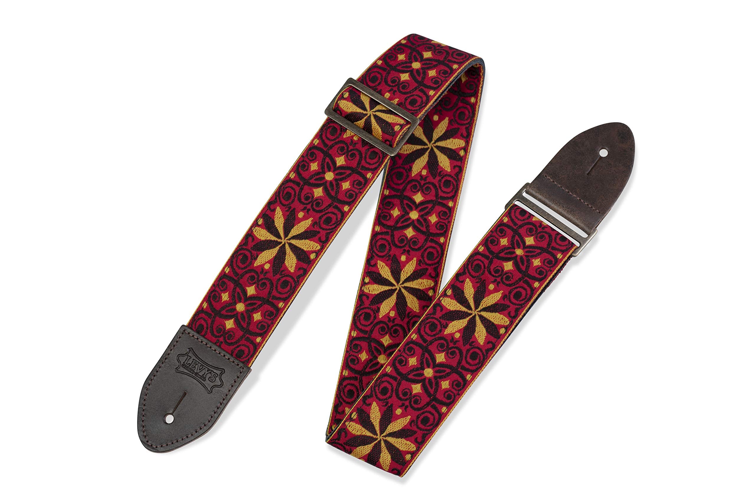 Levys 2 Vintage Hootenanny Jacquard Weave Guitar Strap With Garment Leather Backing, Distressed Leather Ends, And Antique Bras