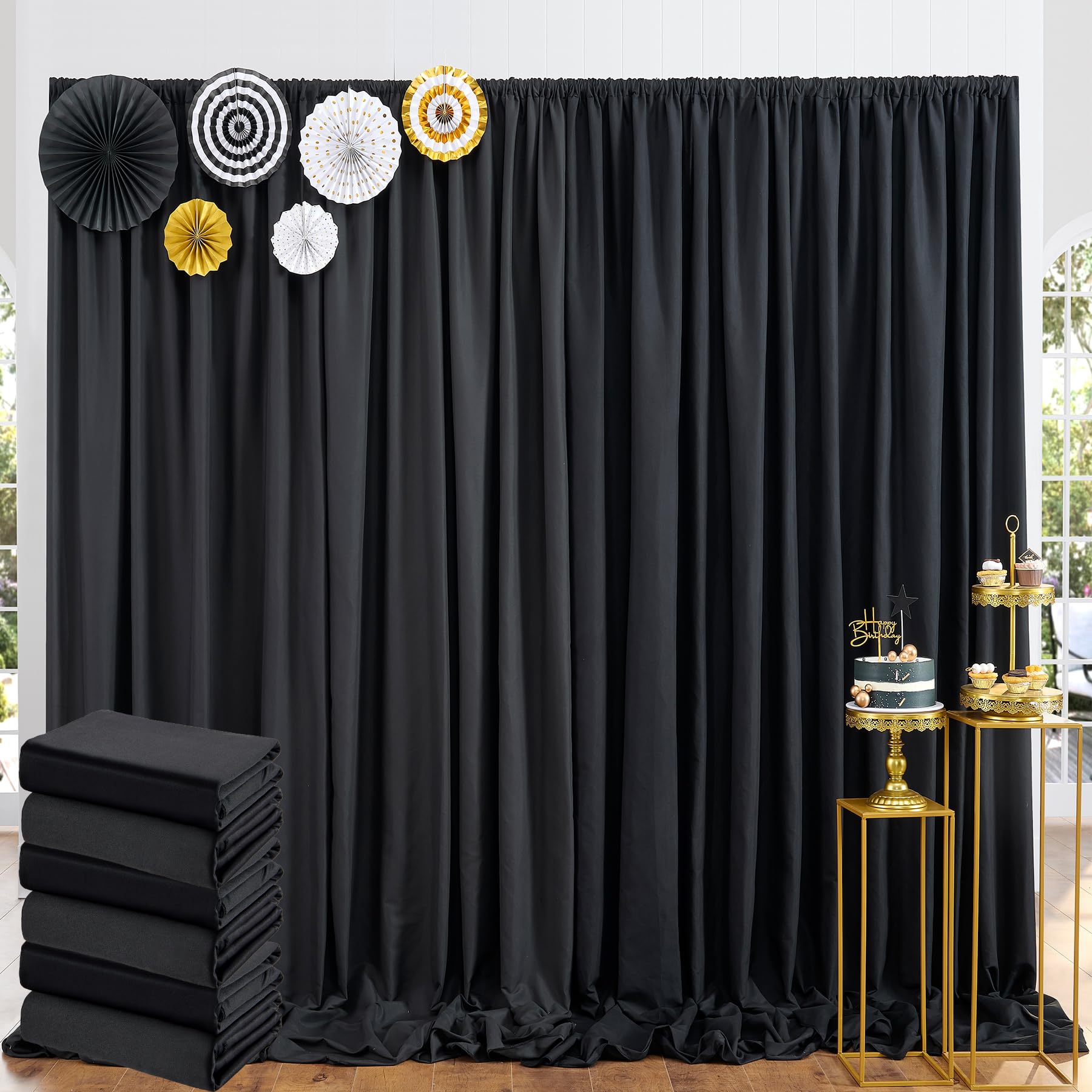 30Ft X 10Ft Black Backdrop Curtain Panels For Parties, Thick Wrinkle Resistant Polyester Wedding Backdrop Drapes For Birthday Ph