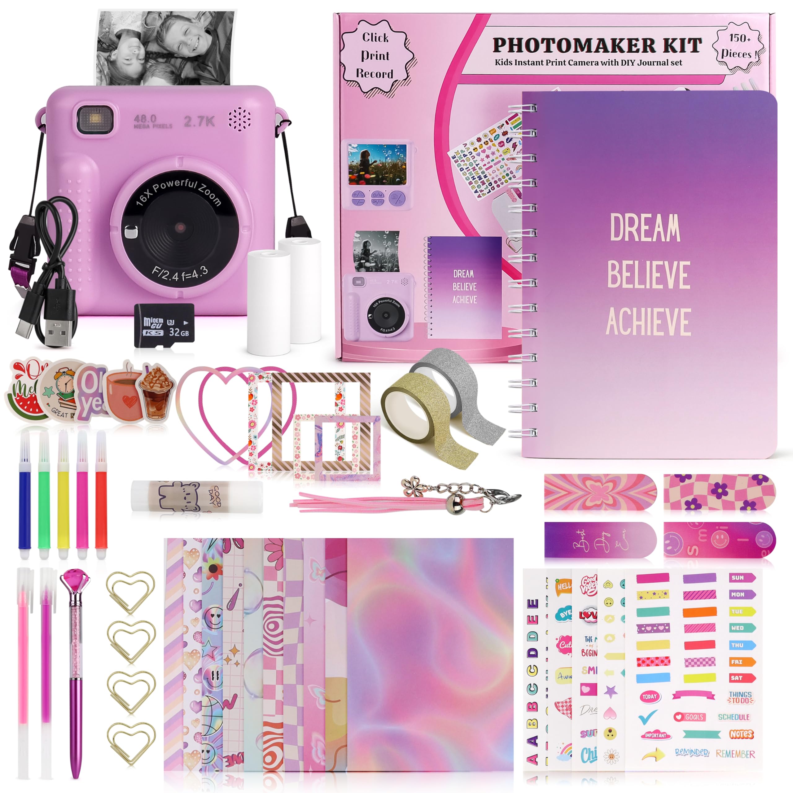 Fincredible Photomaker Kit   Instant Print Camera For Kids Plus Diy Journal Kit For Girls   150 Pcs Tween Journal & Camera For G