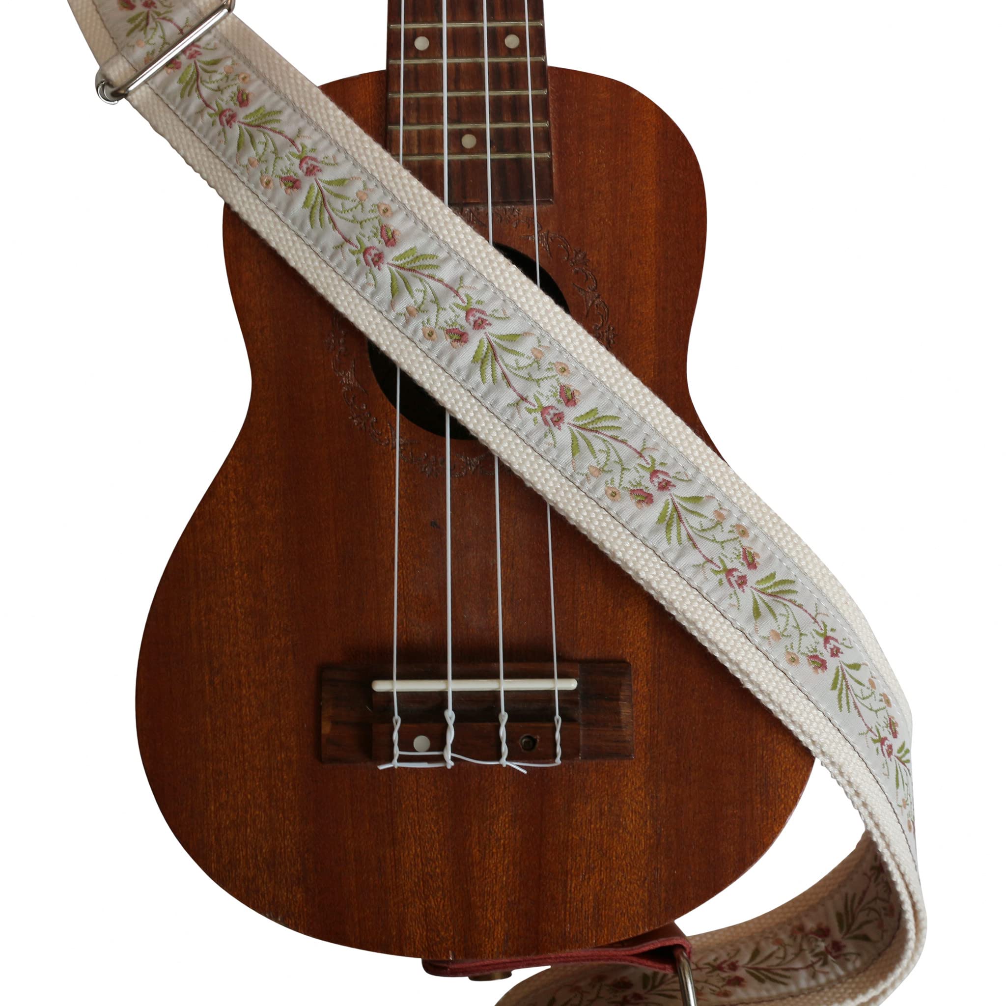 Music First Original Design Vintage Floral Embroidered & Genuine Leather Ukulele Strap Ukulele Shoulder Strap With A Genuine Lea