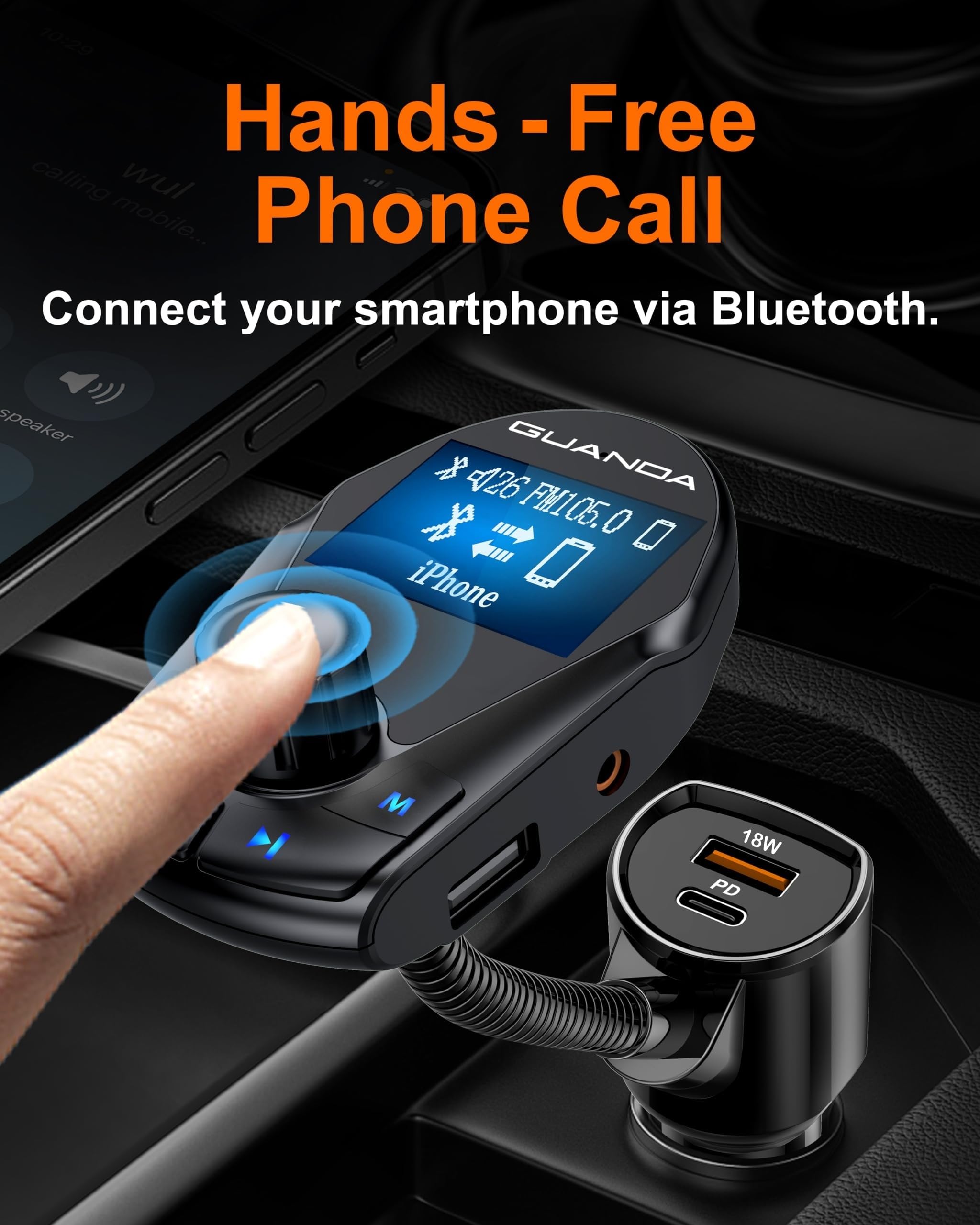 Bluetooth Transmitter Car Bluetooth Adapter, Fm Transmitter Wireless Radio Adapter Kit 1.44'' Display, Mp3 Music Player, Pd 30W