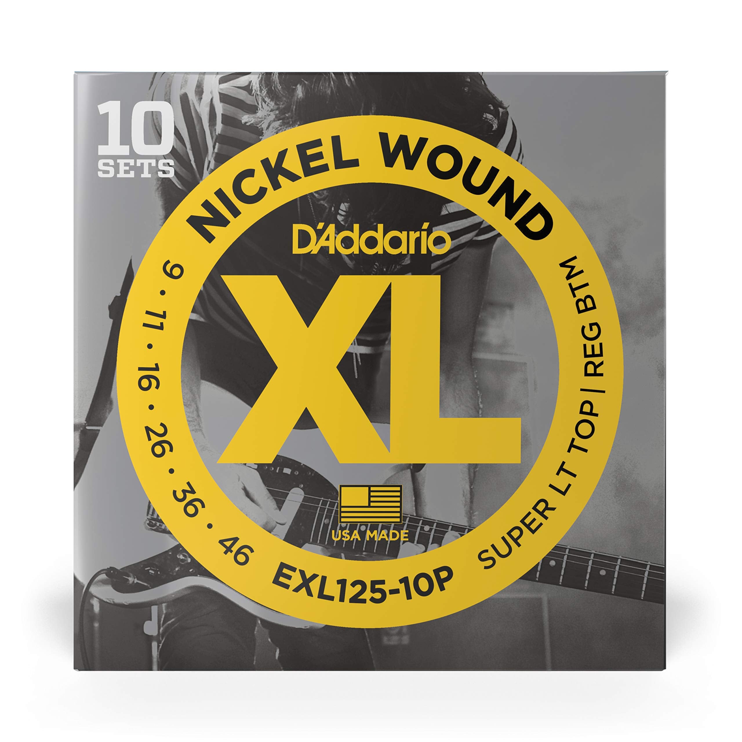 Daddario Electric Guitar Strings, Xl Nickel, Exl125-10P, Super Light Top/Regular Bottom Gauge, 6-String Set, Pack Of 10