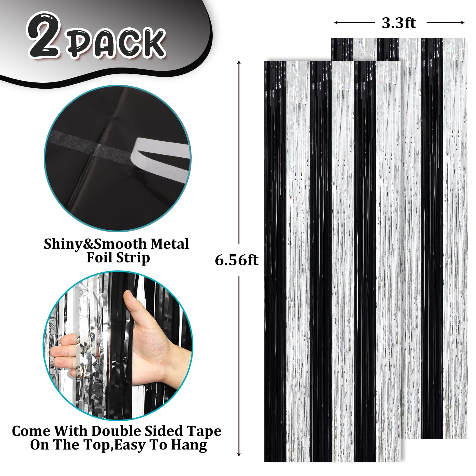 Voircoloria 2 Pack Black And Silver Tinsel Foil Fringe Curtains, Black White Party Decorations, Metallic Tinsel Party Streamers