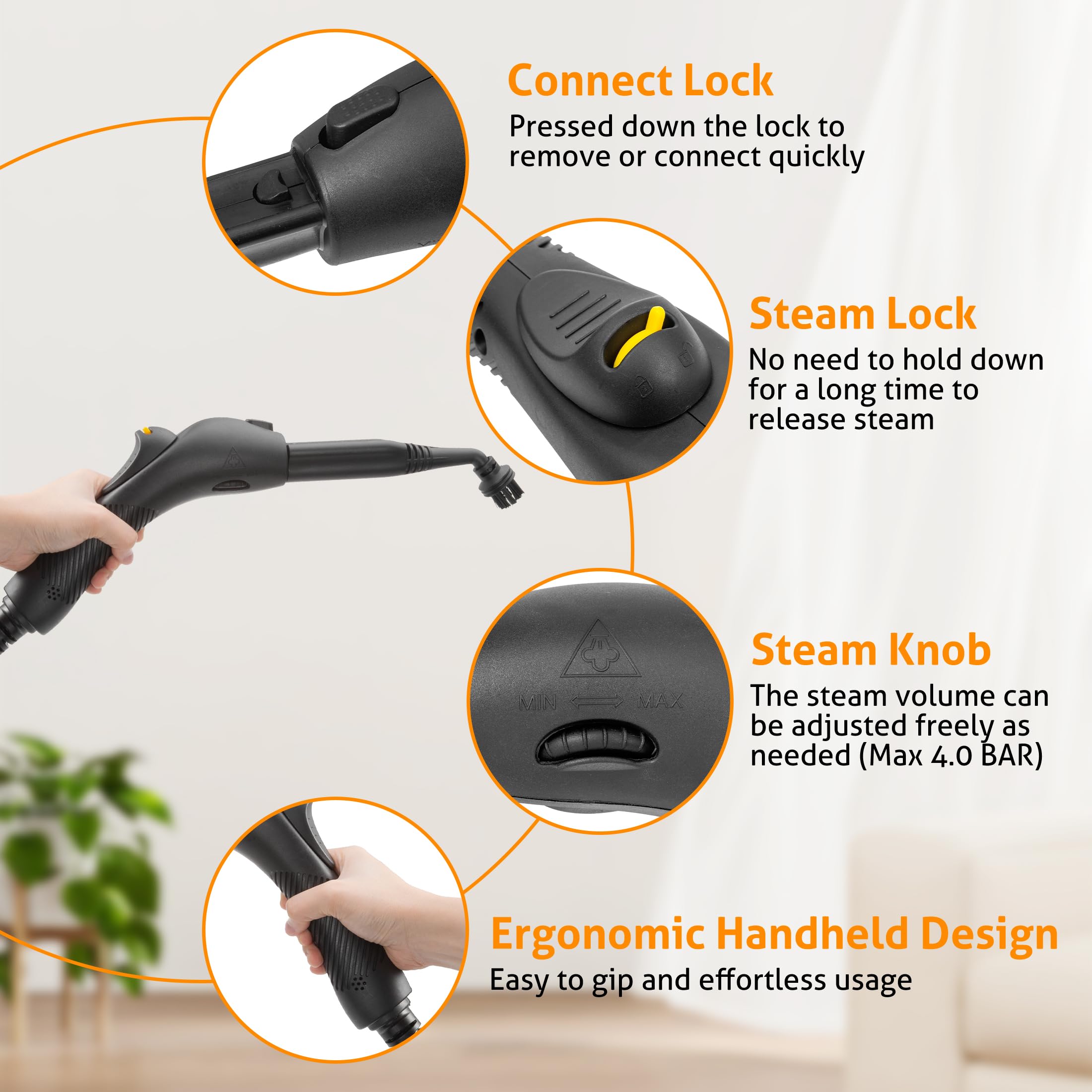 Wichemi Steam Cleaner Multipurpose Steam Cleaner Household Steamer 1500W High Pressure High Temp Steam Cleaner With Wheel & 1.5L