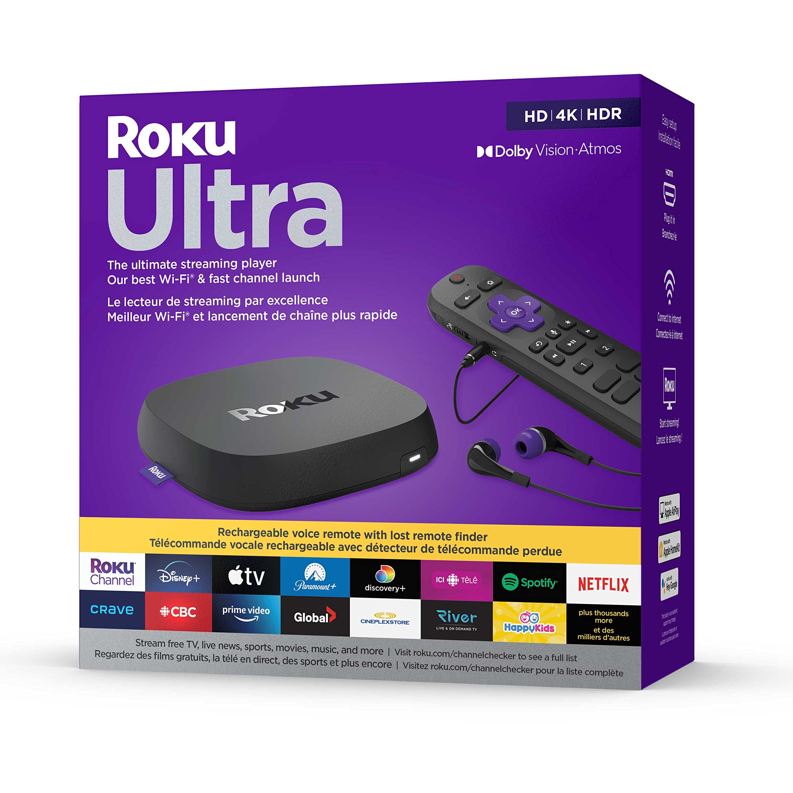 Roku Ultra Lt (4K/Hdr/Hd) Streaming Player With Enhanced Voice Remote, Ethernet W/Premium 6Ft 4K Ready Hdmi Cable & 64Gb Microsd For Faster Channel Loading (Us Version)