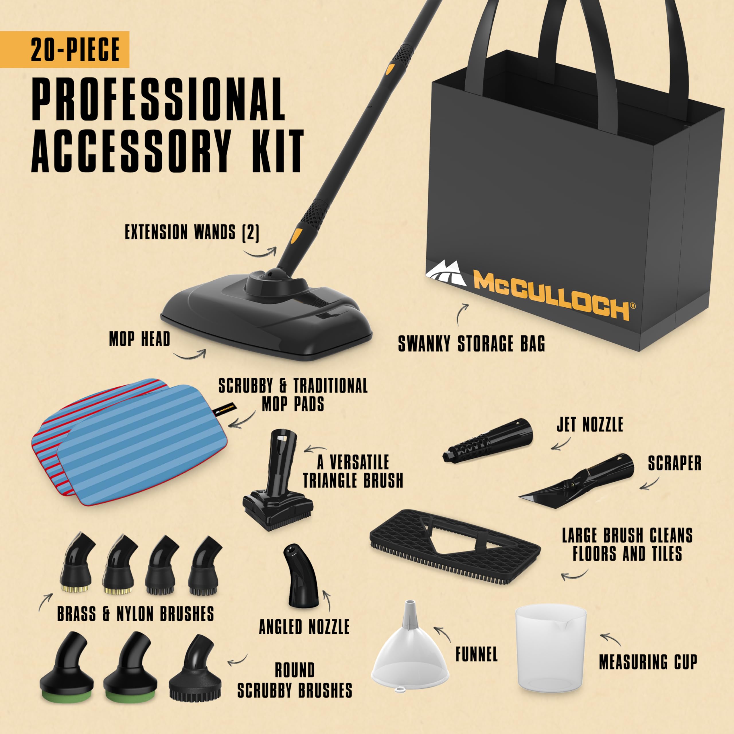McCULLOCH MC1375 Canister Steam Cleaner - 90 Min Runtime, 20 Accessories, Black, Ideal for Home, Tile, Grout, Carpet, & Car Detailing