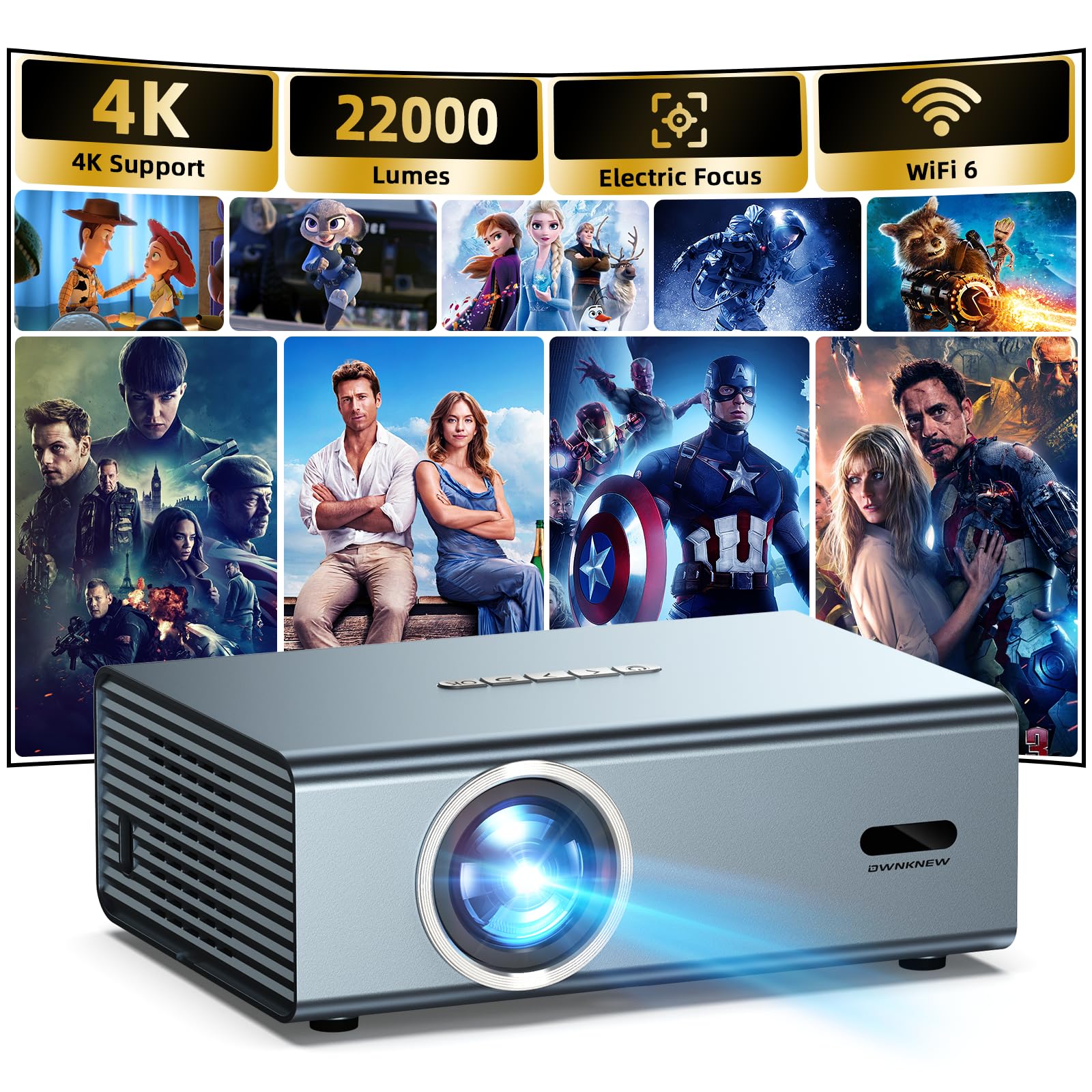 [Electric Focus] 4K Support Projector with WiFi6 and Bluetooth 5.3, Outdoor Projectors for Outside Video Use, OWNKNEW Gaming Mov