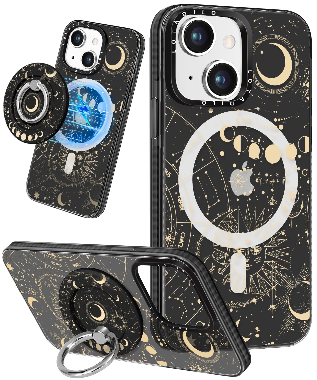 Lotadilo for iPhone 13 Case for Women Girls - Cute Design Compatible with Magsafe Magnetic Ring Holder Stand Moon Sun Stars Aest