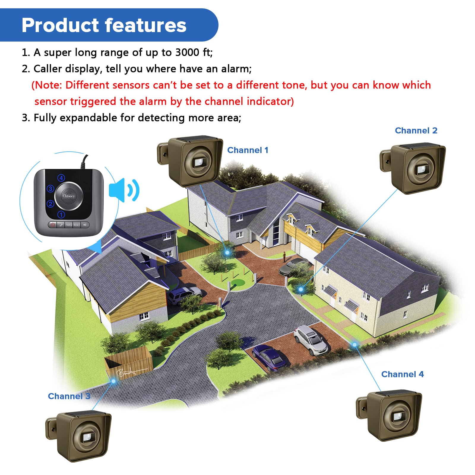 Chtoocy 4 Pack Solar Driveway Alarm Wireless Outside Long Range 3000 Ft Weatherproof Solar Outdoor Perimeter Gate Alarm System Moiton Sensor Alert & Detector Driveway Alarm W Rechargeable Battery