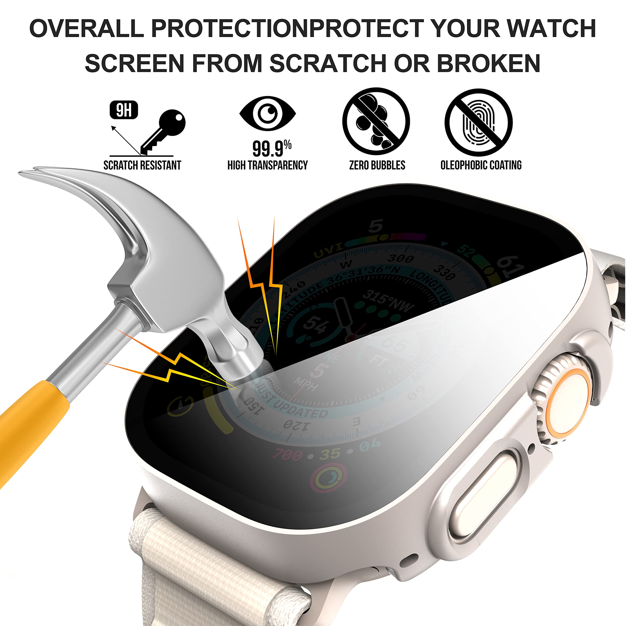 Suoman 3 Pack For Apple Watch Ultra 49Mm Privacy Screen Protector Case, [Anti Peeping] Ultra Thin Tempered Glass Case Cover For