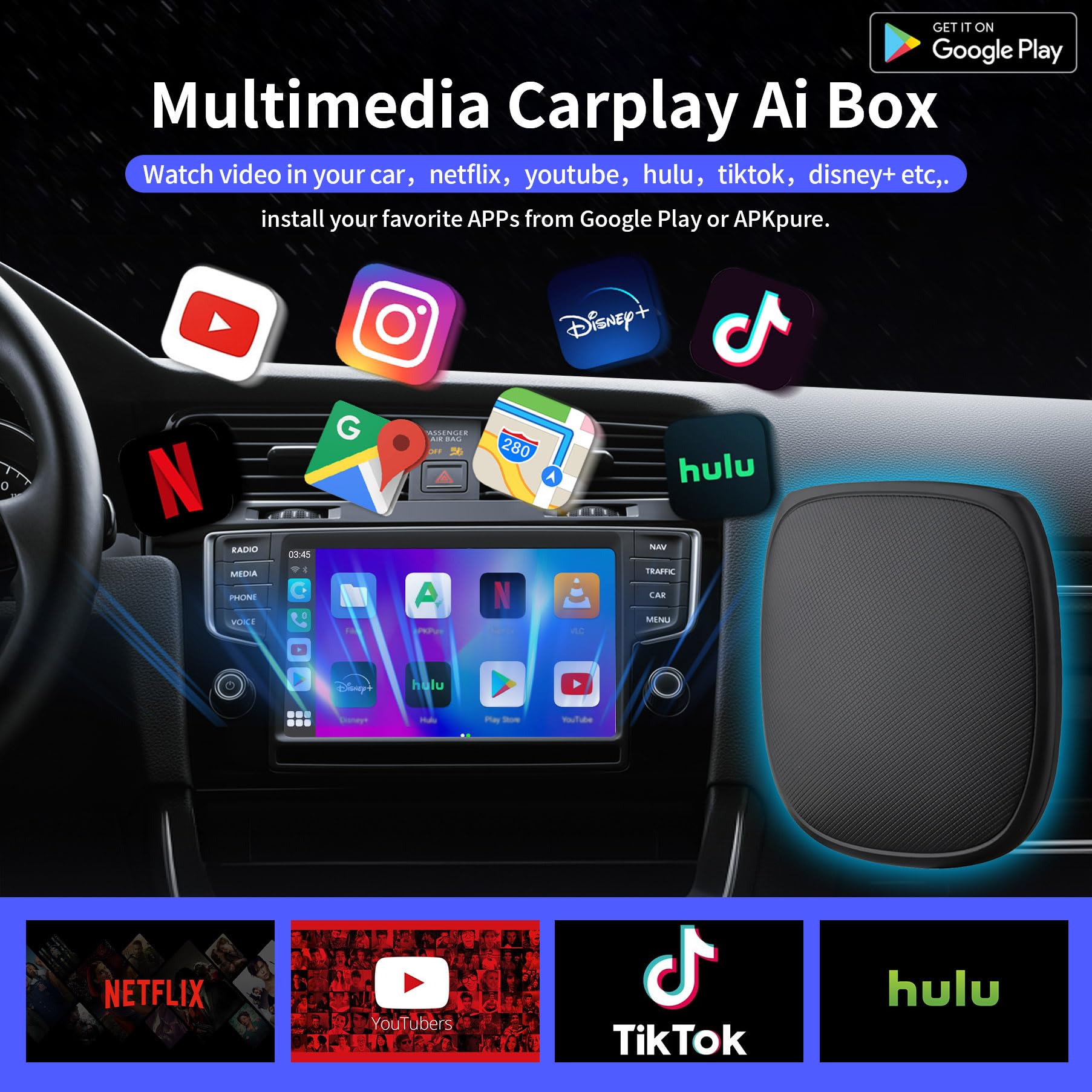 Minjielaa Magic Carplay Ai Box 2.0 Max, Support Netflix/Youtube/Hulu/Prime Video/Tf Card Etc., Qualcomm Multi Core Streaming Vid