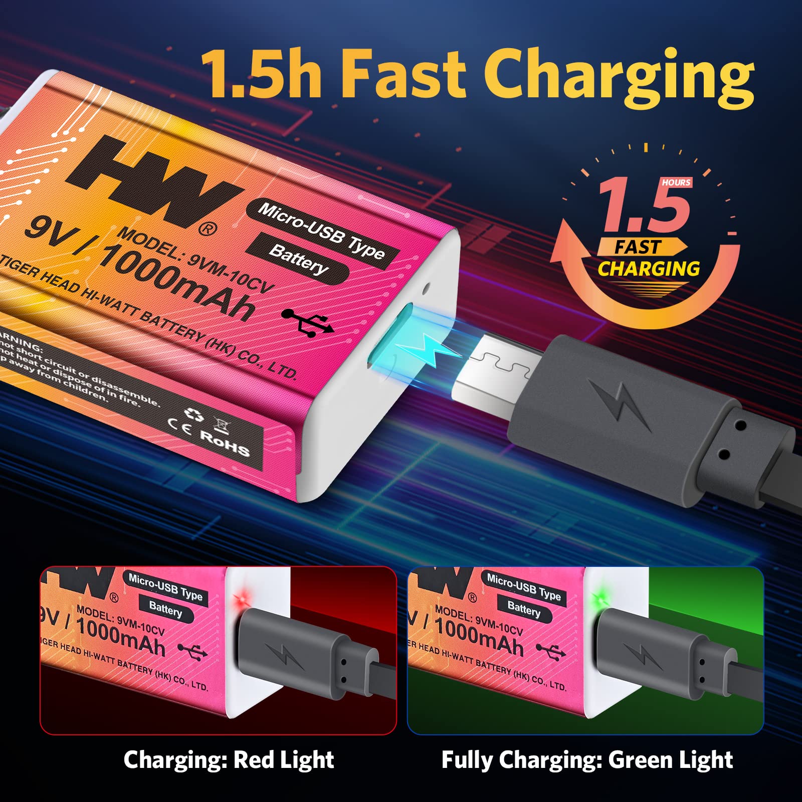 Hw 9V Li-Ion Rechargeable Battery, 9 Volt/1000Mah(9000Mwh) Long Lasting Rechargeable Batteries With Micro-Usb, 1000 Cycles Charg