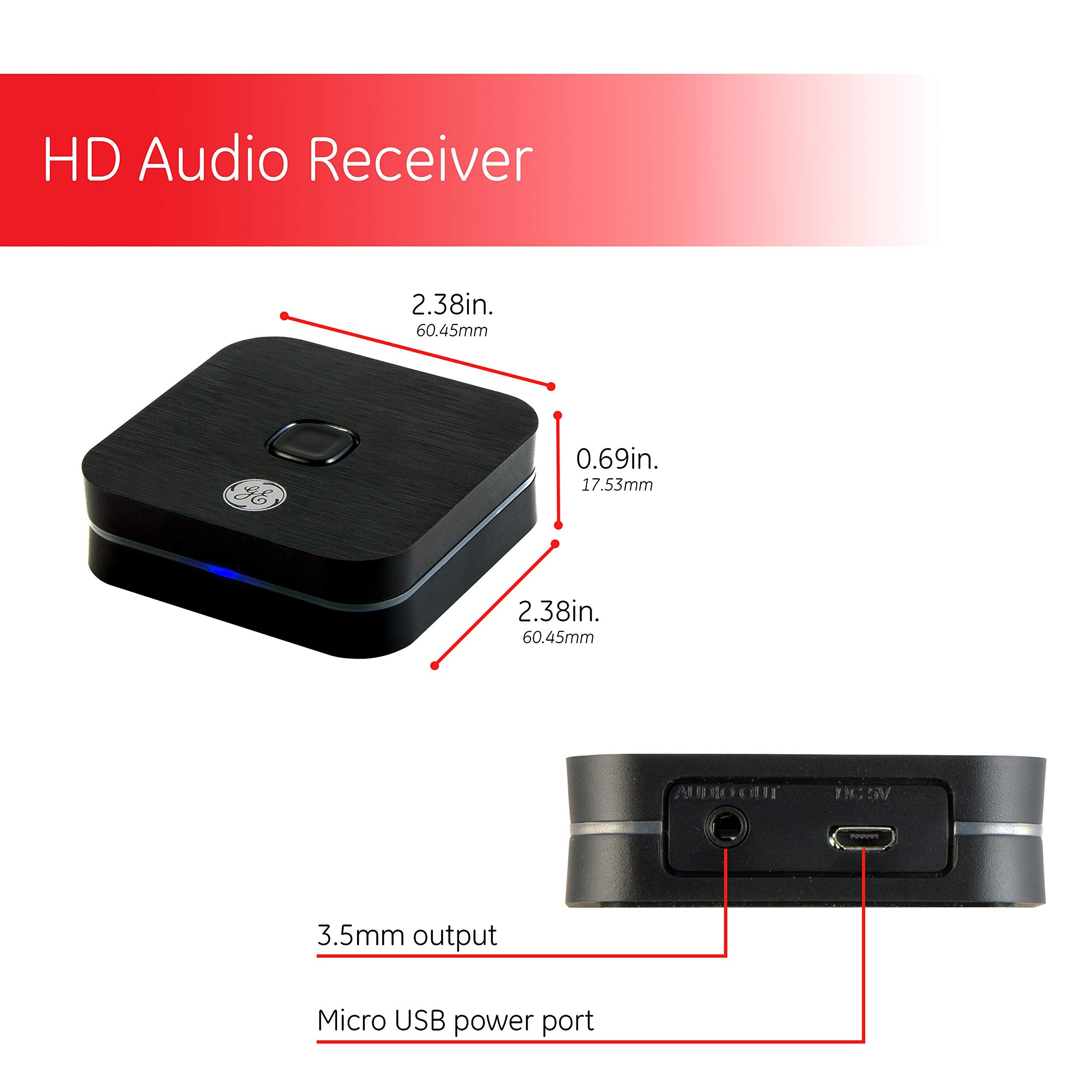 Ge Bluetooth Audio Receiver, Supports A2Dp, Sbc, Fcc Certified, Micro Usb Charging Cord, 3.5Mm Audio Cable, 3.5Mm To Rca Adapter