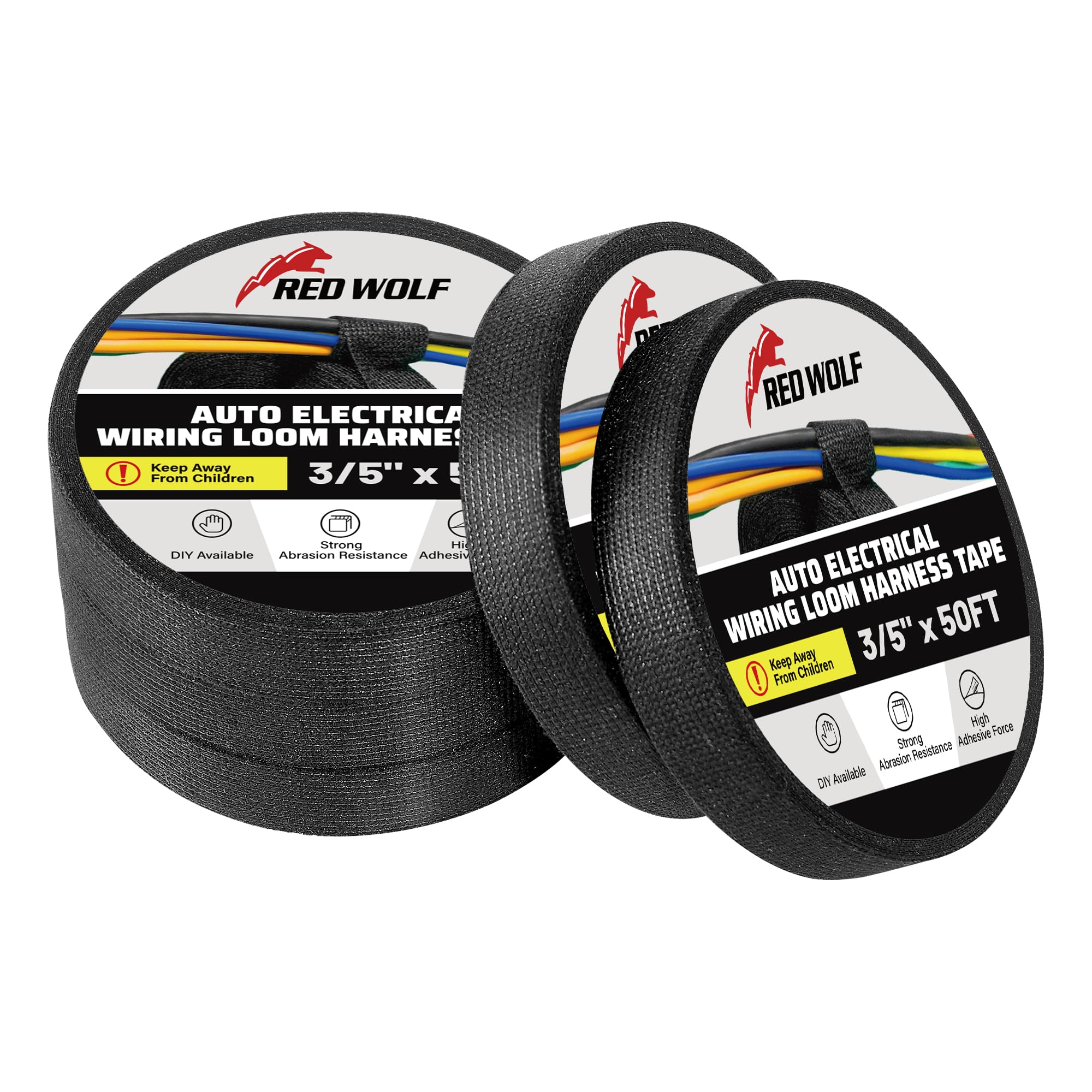 Red Wolf Wiring Harness Cloth Tape High Temp Self Adhesive Fabric Tape For Automobile Electrical Harness Wrap Noise Damping Protection Insulation Cable Fixed Black, 5 Rolls 3/5 Inch X 50Ft