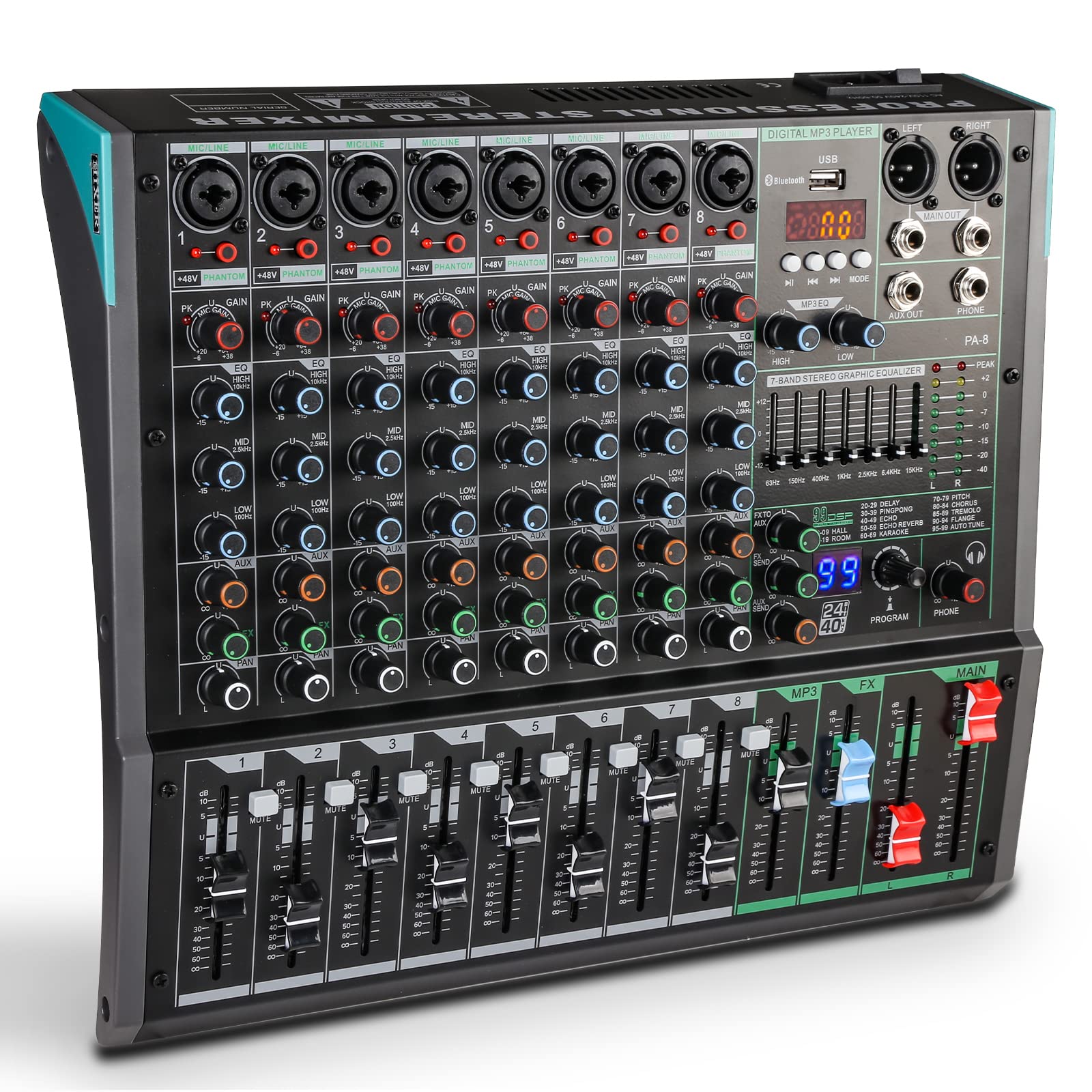 Dj Mixer Board 8 Channel Mixer, Professional Digital Audio Mixer, 99 Kinds Of Dsp Digital Effects Usb Sound Card Recording, Suit