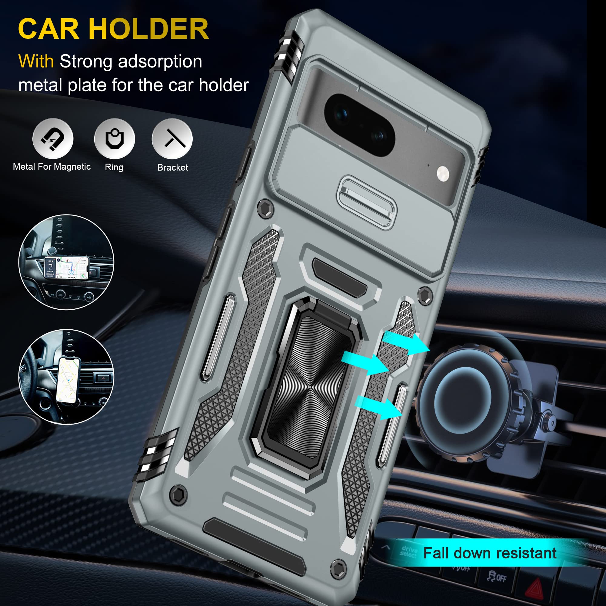 Deerlamn Case For Google Pixel 7 With Slide Camera Cover+Screen Protector(1 Pack), Rotated Ring Kickstand Military Grade Shockpr