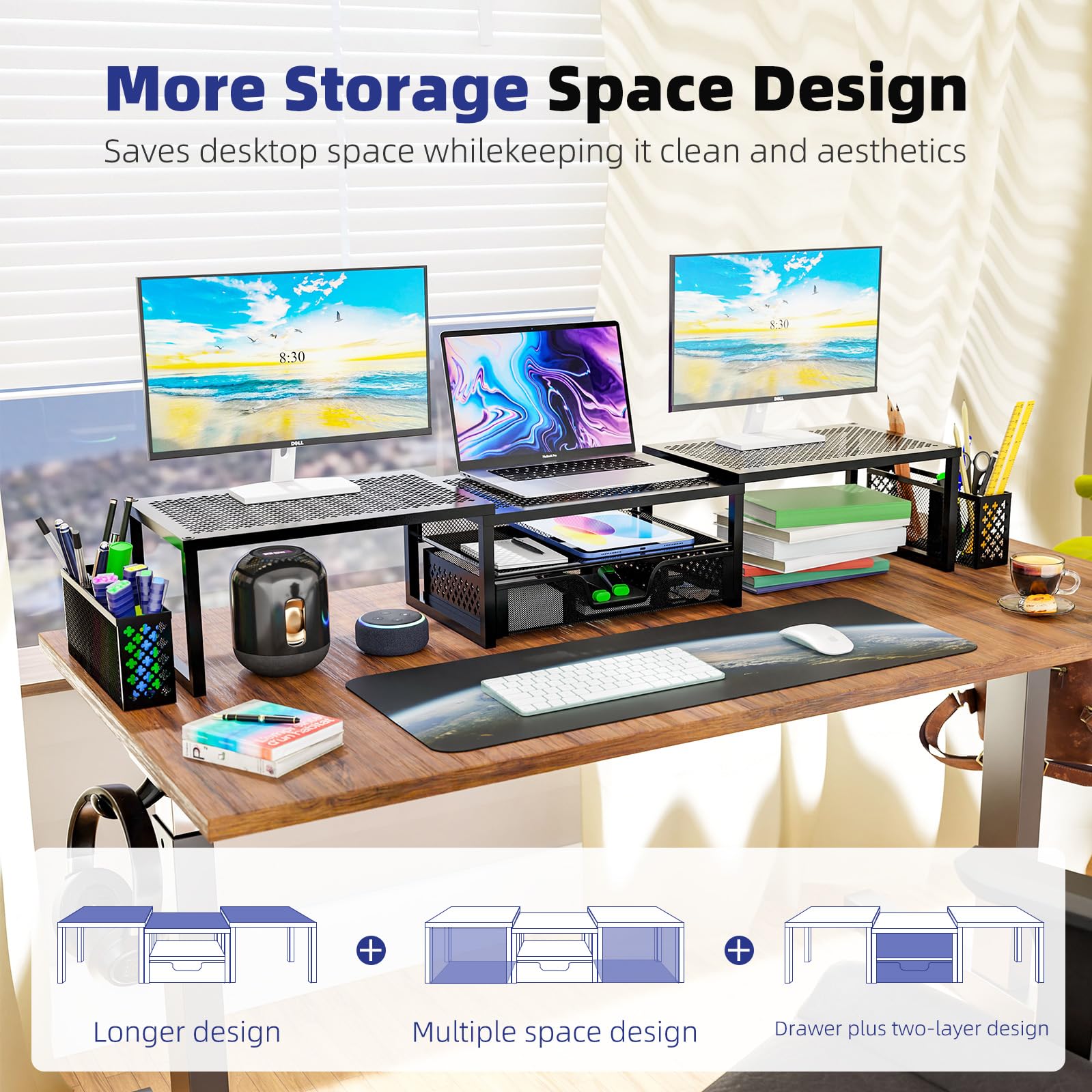 Simple Trending Monitor Stand Riser, Adjustable Angle Computer Desk Organizer With Drawer Storage And Pen Holder , Black