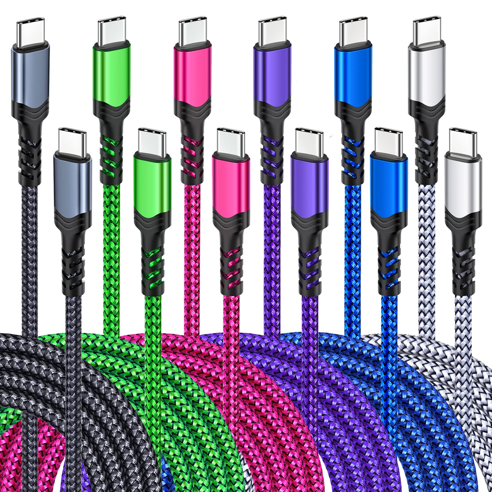Besgoods Usb C To Usb C Cable 6Ft, [6Pack] 60W/3A Type C To C Charger Braided Cord Compatible With Iphone 16 15 Pro Max Galaxy S23 Ultra S22 S21Fe A54, Ipad Air5 4 Blue,Green,Purple,Pink,Black,White