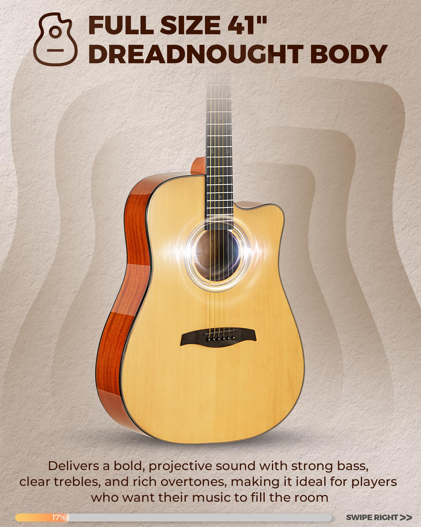 Fesley X Acoustic Guitar Kit, 41 Inch Full Size 6 String Cutaway Guitarra Ac  Stica For Beginner Adults With Tuner, Gig Bag, Str