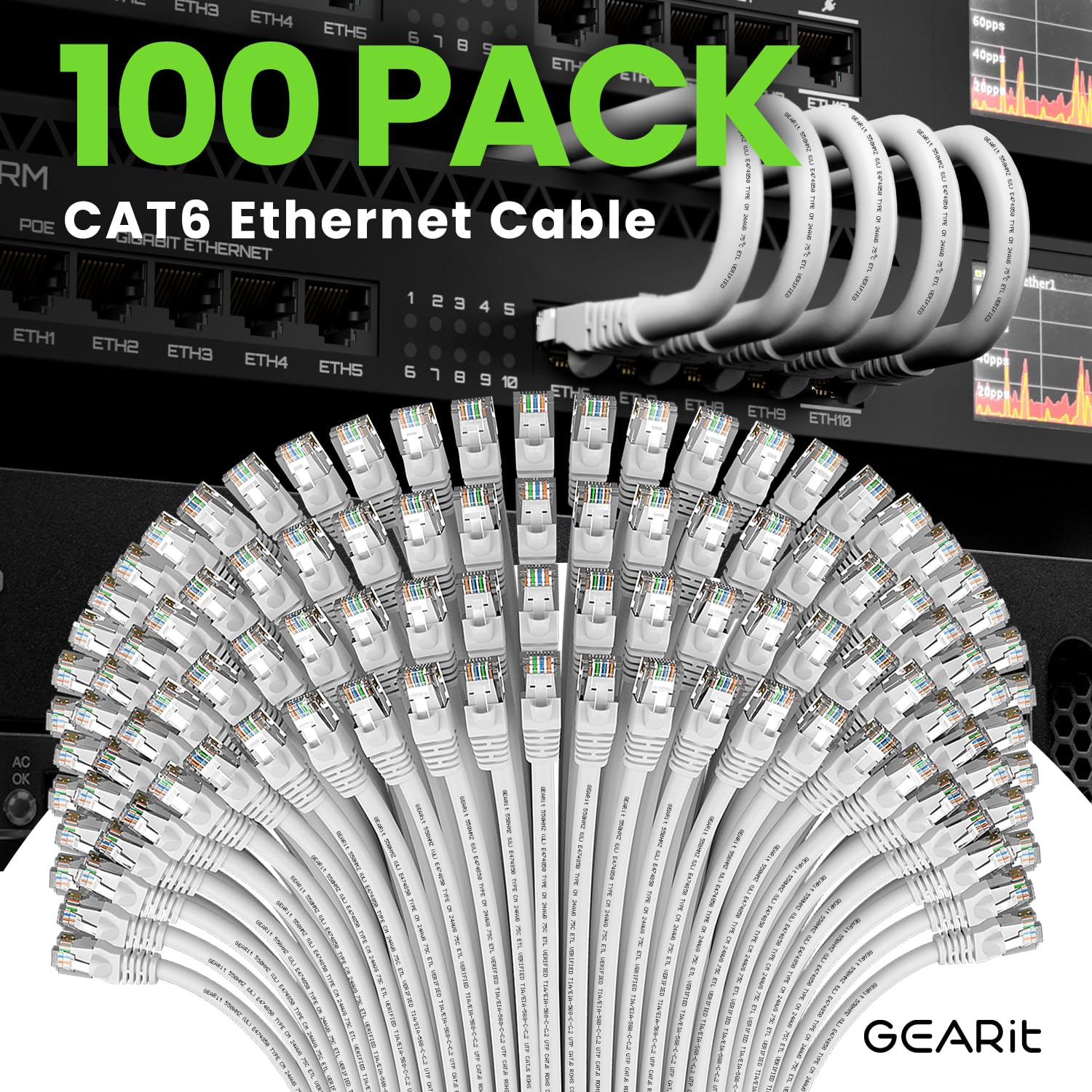 Gearit 100 Pack, Cat 6 Ethernet Cable Cat6 Snagless Patch 2 Feet   Snagless Rj45 Computer Lan Network Cord, White   Compatible W