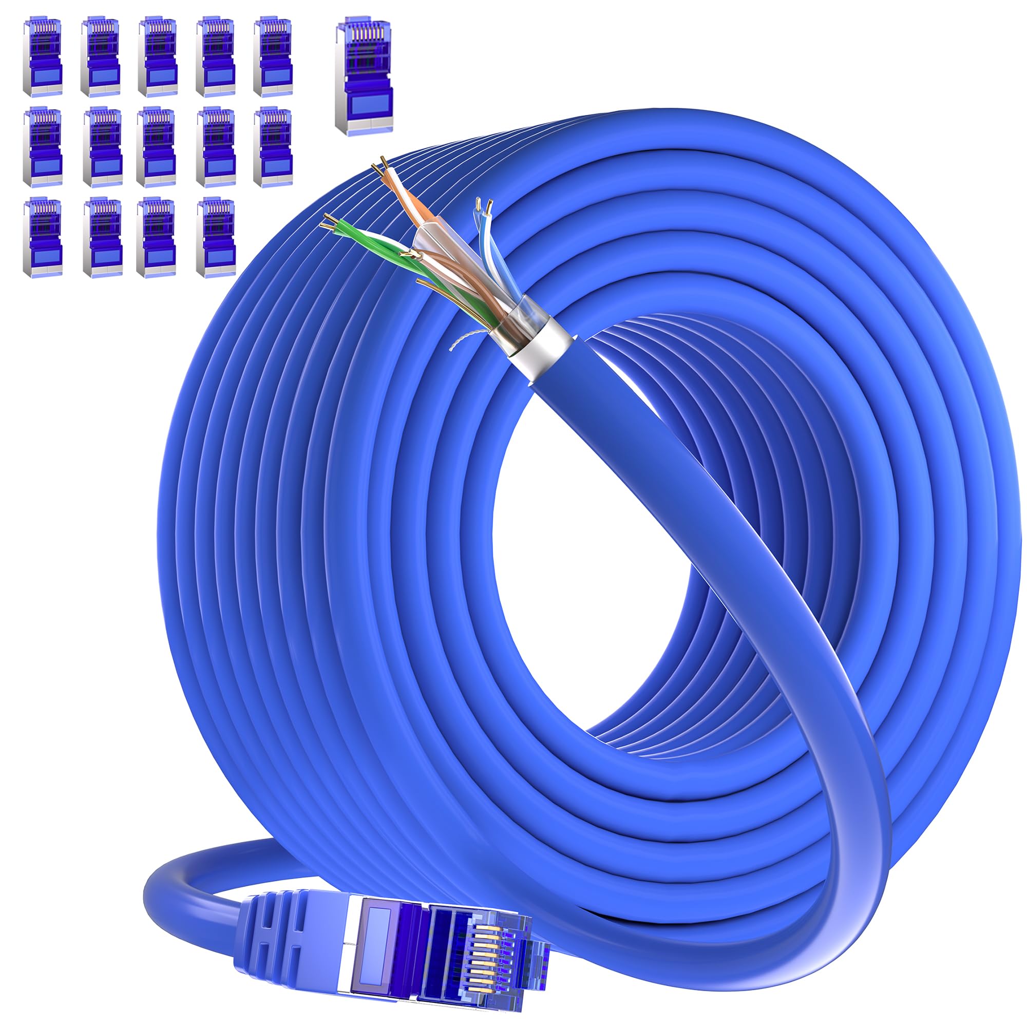 Ethernet Cable Outdoor Cat 6 250Ft, Ftp Shielded Ethernet Cable Indoor, 16 Rj45 Connectors, 23Awg Bulk Network Cable, Direct Bur