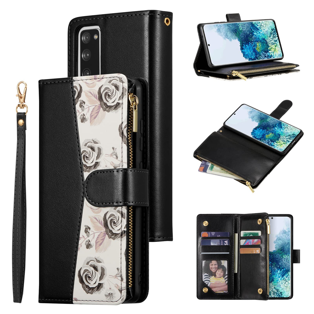 Ueebai Wallet Case For Samsung Galaxy S21 5G, Flower Pu Leather Magnetic Closure Handbag Zipper Pocket Case Kickstand Card Holde