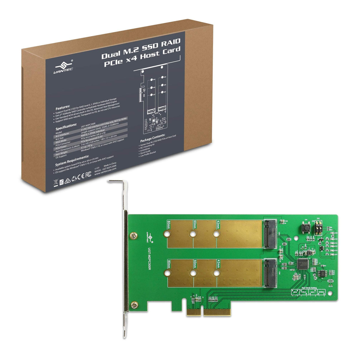 Vantec Dual M.2 Ssd Raid Pcie X4 Host Card (Ugt M2Pc300R), Green