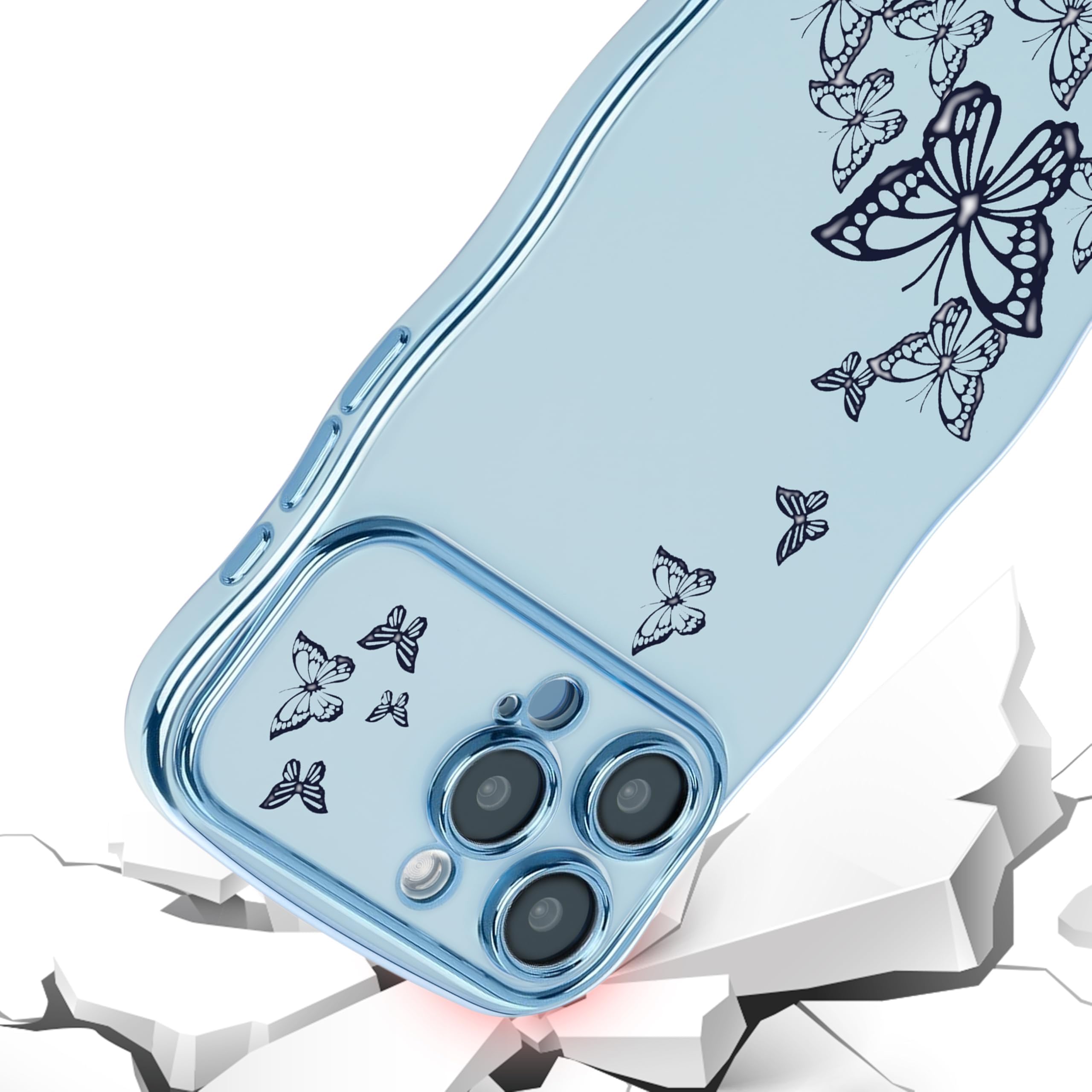 Ztofera For Iphone 14 Pro Max Case For Girl Women, Cute Curly Wave Frame With Luxury Plating Butterfly Pattern, Soft Tpu Shockpr