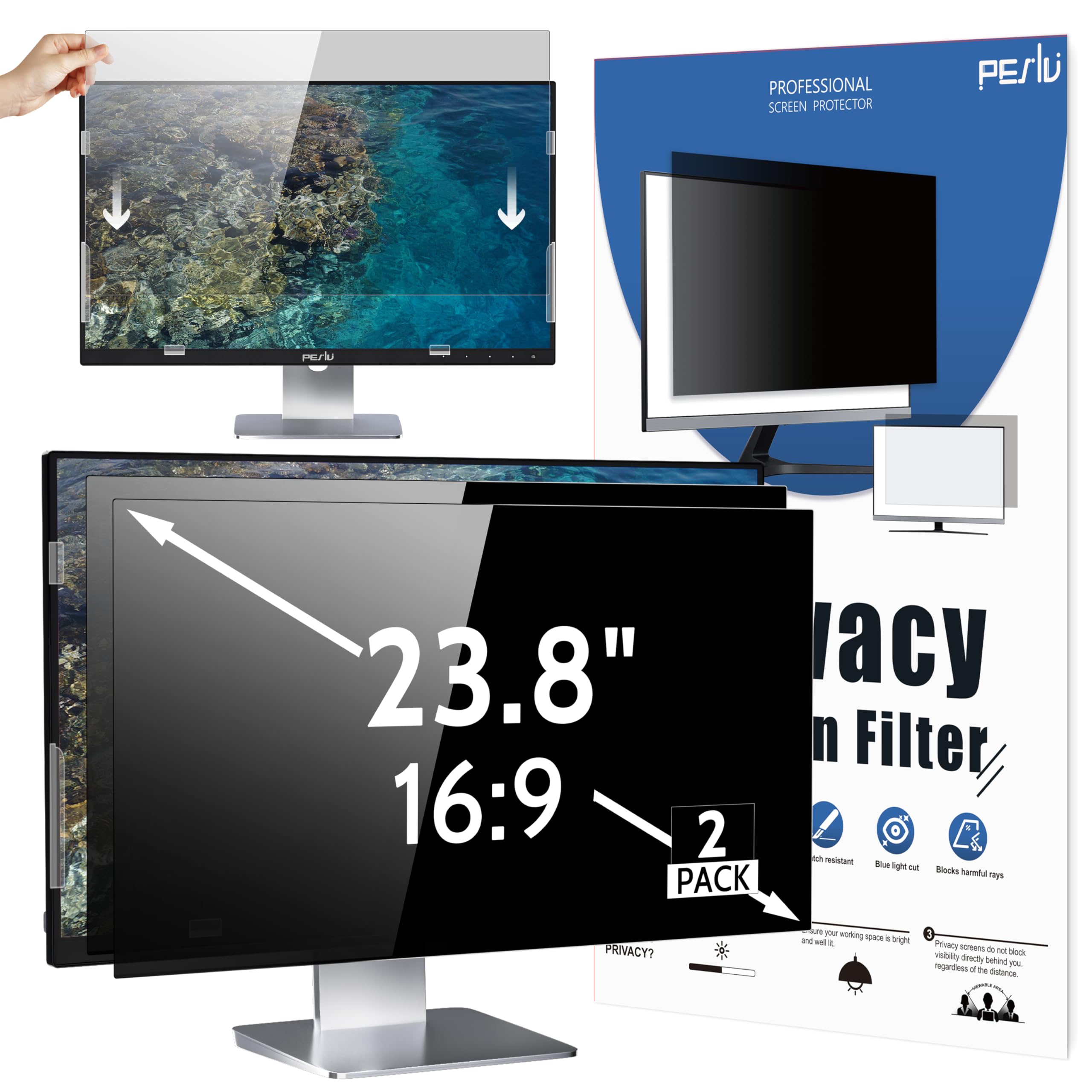 Peslv 2 Pack 23.8 Inch 16:9 Computer Privacy Screen For Widescreen Monitor, 23.8Inch Removable Anti Blue Light Glare Eye Protect