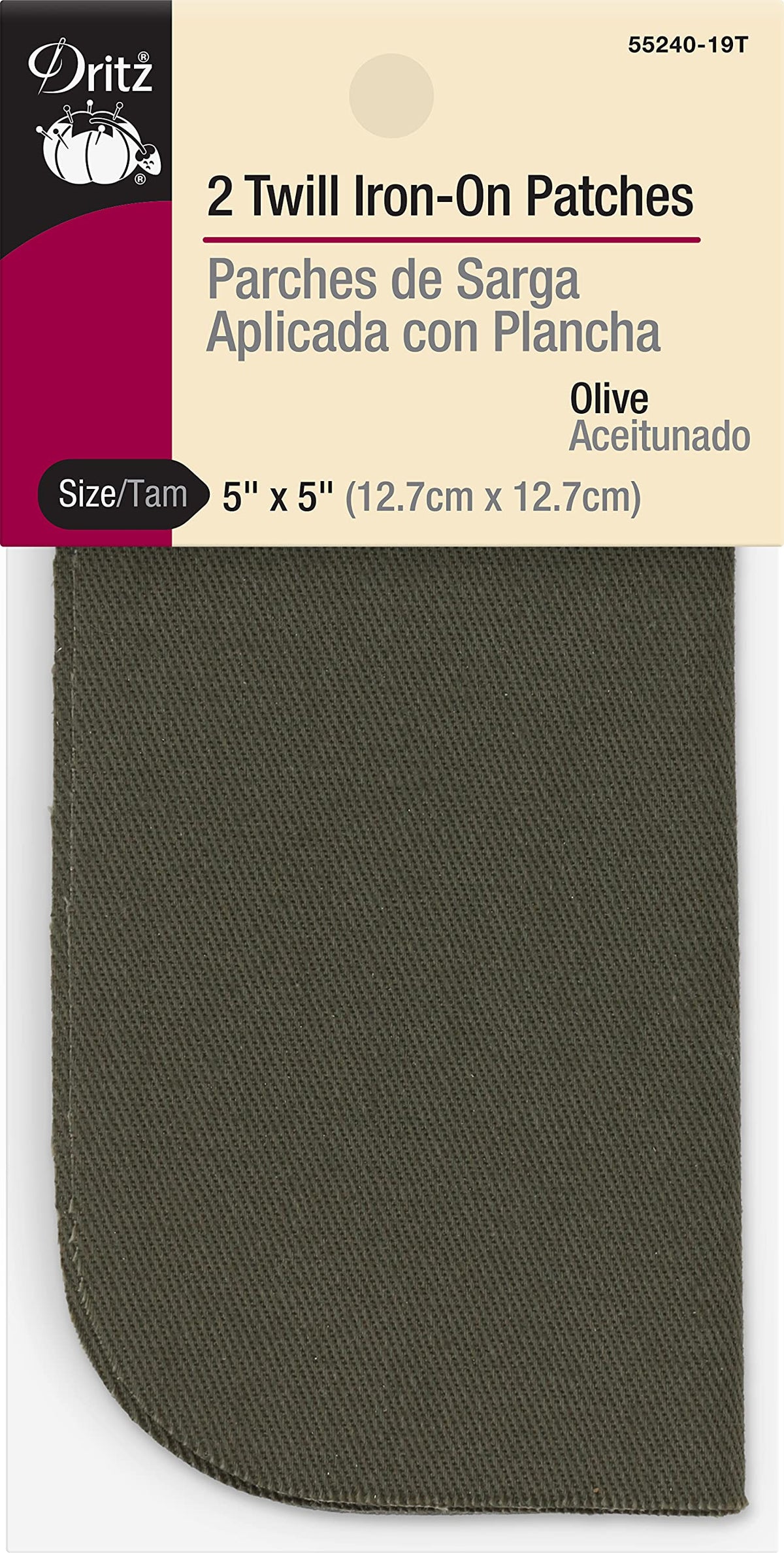 Dritz Twill, 5 X 5 Inch, 2 Count, Olive Iron On Patches